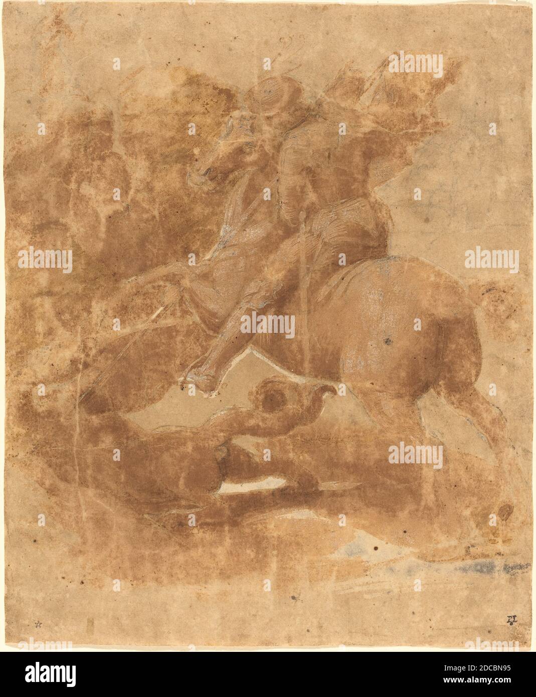 Raphael, (Künstler), Marchigian, 1483 - 1520, Saint George and the Dragon, c. 1506, Pinsel und braune Tinte mit weißer über schwarzer Kreide erhöht, mit Stift eingeschnitten, insgesamt (ca.): 24.5 x 20.3 cm (9 5/8 x 8 Zoll Stockfoto