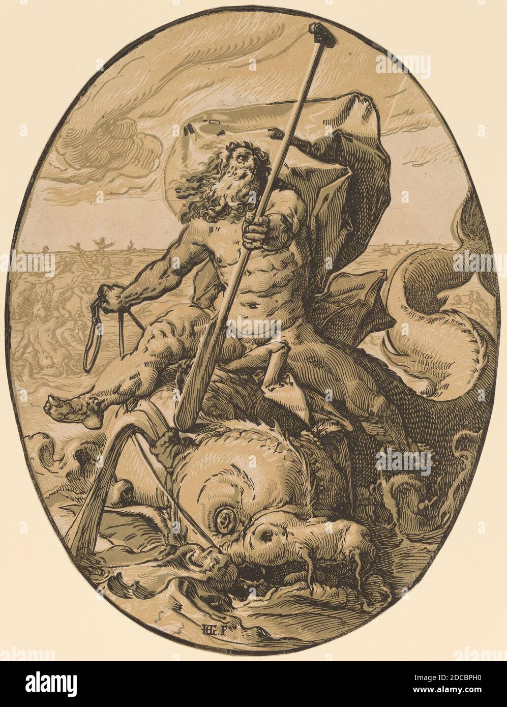 Hendrick Goltzius, (Künstler), Niederländisch, 1558 - 1617, Oceanus, Gods and Goddesses, (Serie), 1588/1590, Chiarscuro Holzschnitt in Sepia-Ocker, Olive und Schwarz Stockfoto