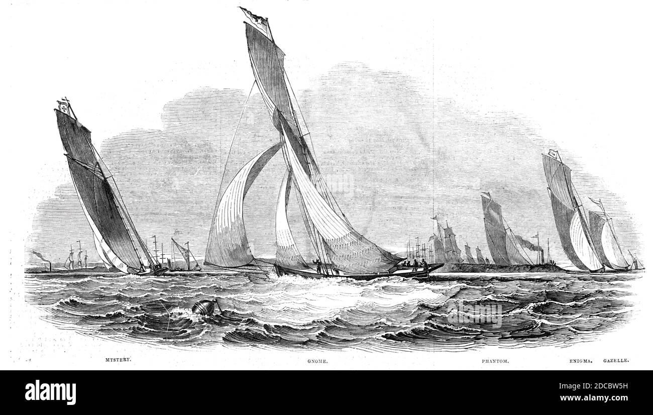 The Royal Thames Yacht Club - Sailing Match - Mystery, Gnome, Phantom, Enigma, Gazelle, nach einer Skizze von Mr. Condy, RW. Y. C. 1844. Yachting auf der Themse in London. 'Der Tag war außerordentlich schön, und von der Brise wurde guter Sport erwartet, wenn man von der "guten Gesellschaft" beurteilen könnte, die an Bord des Comet-Dampfschiffes versammelt war, angeheuert vom Commodore und Mitgliedern des Royal Thames Yacht Club, mit ihren Freunden, um das Rennen zu sehen; Und auch von den Massen, die entlang der Piers in Greenwich, Blackwall, &amp;c' zusammenkamen. Aus "Illustrated London News", 1844, Vol Stockfoto