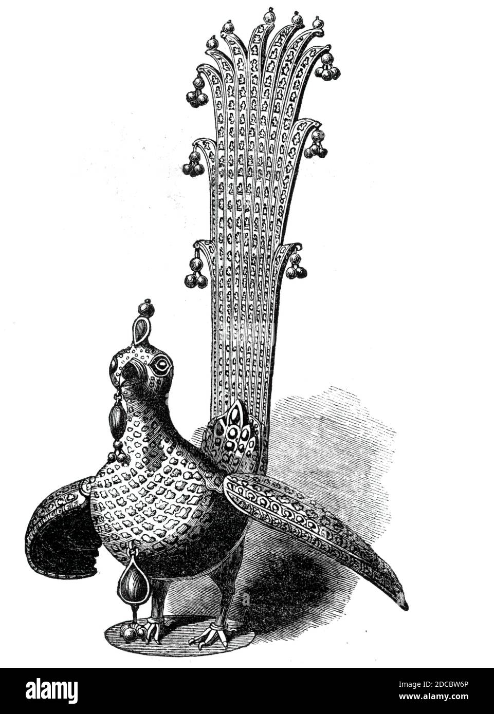 Pfau von Tippo Saib, 1844. Der 'Huma Bird', ein Ornament in Form eines Paradiesvogels aus Gold, Rubinen, Smaragden, Diamanten, Perlen, Silbervergoldung für Tipu, Sultan von Mysore. Nach Tipus Niederlage und Tod im Jahr 1799 wurden seine Schatzkammer und Bibliothek in Seringapatam von britischen Streitkräften durchsucht. Der Huma Bird wurde 1799 von Marquess Wellesley für die Direktoren der East India Company "erworben". Es wurde dann George III. Vorgestellt Aus "Illustrated London News", 1844, Vol Stockfoto