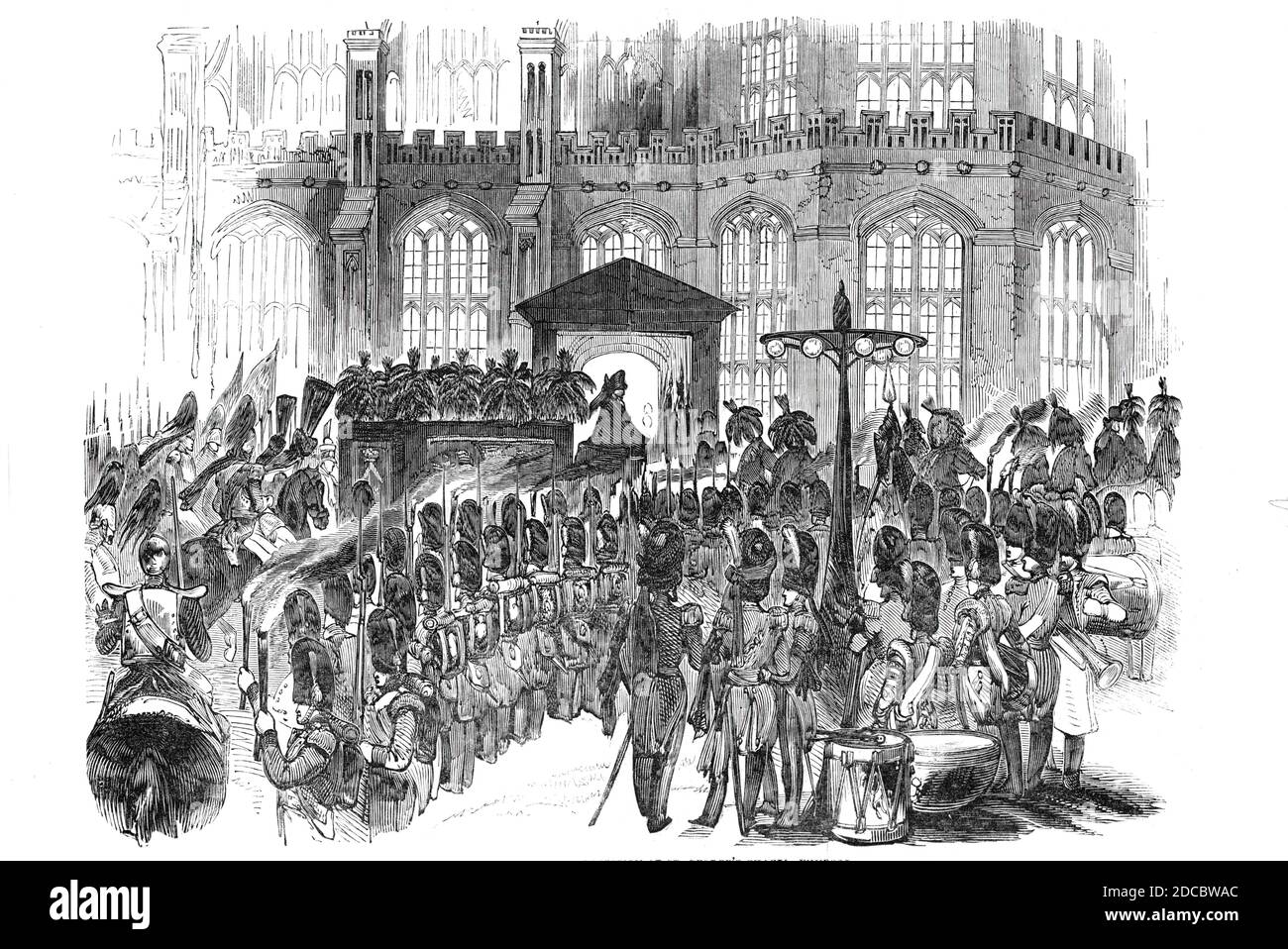 Ankunft der Trauerprozession in der St. George's Chapel, Windsor, Dezember 1844. Trauernde folgen dem Leichenwagen mit dem Leichnam von Prinzessin Sophia von Gloucester, Urenkelin von König George II. 'Eine temporäre Veranda wurde im Schlosshof, an der Südtür, wo die Prozession in die Kapelle, Und diese wie auch alle anderen Teile der Beschläge wurden mit schwarzem Tuch aufgehängt...EINE Kompanie des zweiten Bataillons der schottischen Fusilier-Garde unter Oberst Moncieffe wurde innerhalb des Schlosshofes in zweifachen Linien aufgestellt, die sich vom Tor Heinrich des Achten bis zum Eingang erstreckten Stockfoto