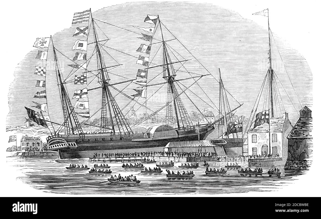 Start des Dampfschiffes "The Braganza" in Cowes, 1844. Relaunch eines Schiffes nach Umbauten auf der Isle of Wight: "Einer der großen Dampfer der Peninsular and Oriental Steam Company...Unsere Gravur zeigt "The Launch", skizziert vom gegenüberliegenden Ufer des Medina...introducing auch die umfangreichen Räumlichkeiten der Herren White, Schiffsbauer, West Cowes; Und der angrenzende Slip, der Mr. Hausen gehörte, auf dem der Kestrel beobachtet wird, vor dem Start. Die Braganza wurde 30 Fuß in Mittelschiffen verlängert...Sie ist jetzt ein herrliches Modell, kommandiert von Stockfoto