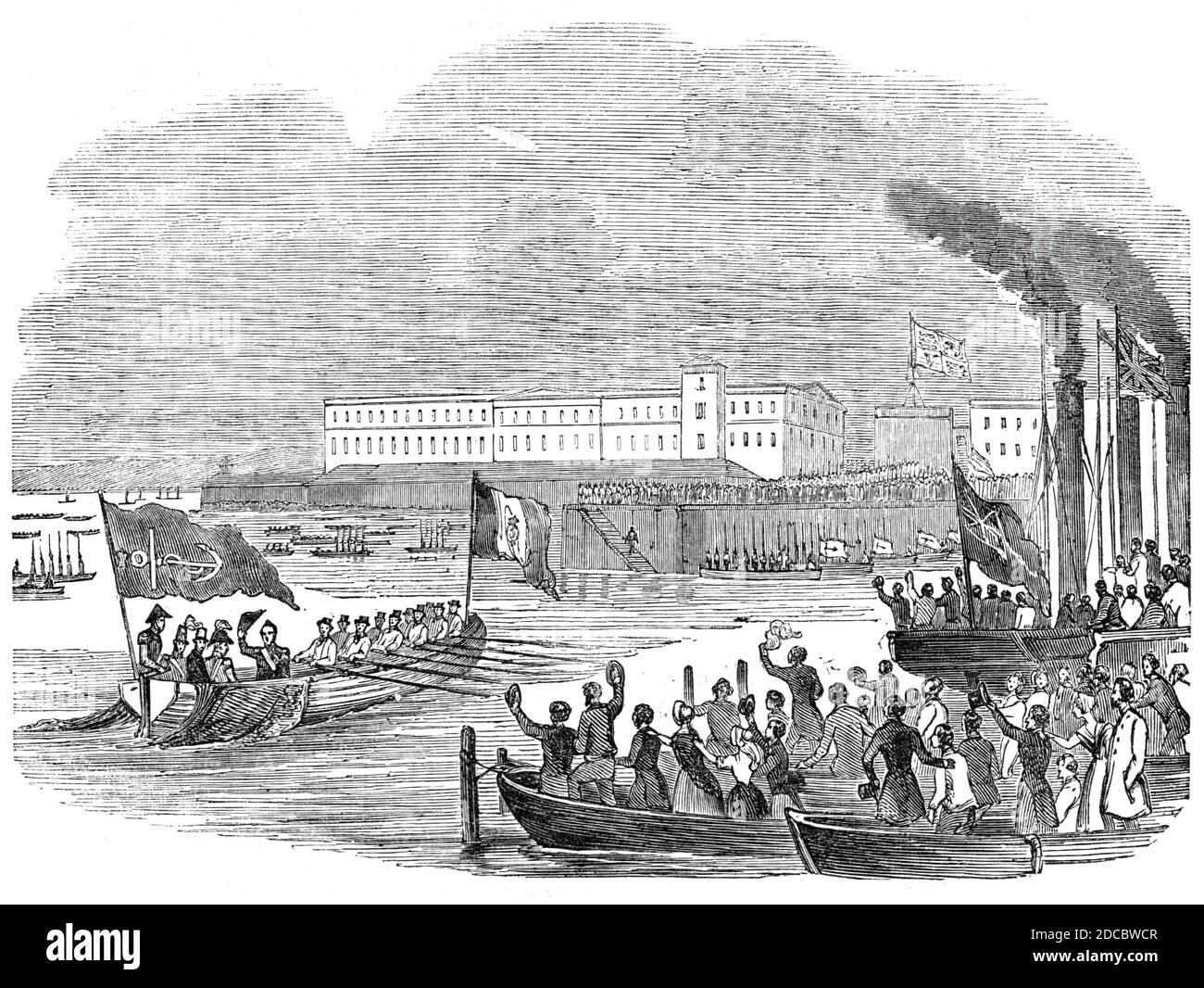 Die Entbarkation, 1844. Der französische König Louis Philippe kommt in Portsmouth an: "Die königliche und angesehene Partei zog in Richtung der Gangway, um zum Boot hinabzusteigen, das sie an Land transportieren sollte; Und hier herrschte für einen Moment ein freundschaftlicher Wettstreit zwischen dem König der Franzosen und Prinz Albert, der das Vergnügen haben sollte, dem anderen den Vorrang zu geben. Der Prinz jedoch war ausdauernd genug, um seinen Punkt zu gewinnen, und so war der König der erste, der den Gang hinunterging, gefolgt von Prinz Albert, dem Herzog von Montpensier und dem Herzog von Wellington.aus "Illustrated Lon Stockfoto