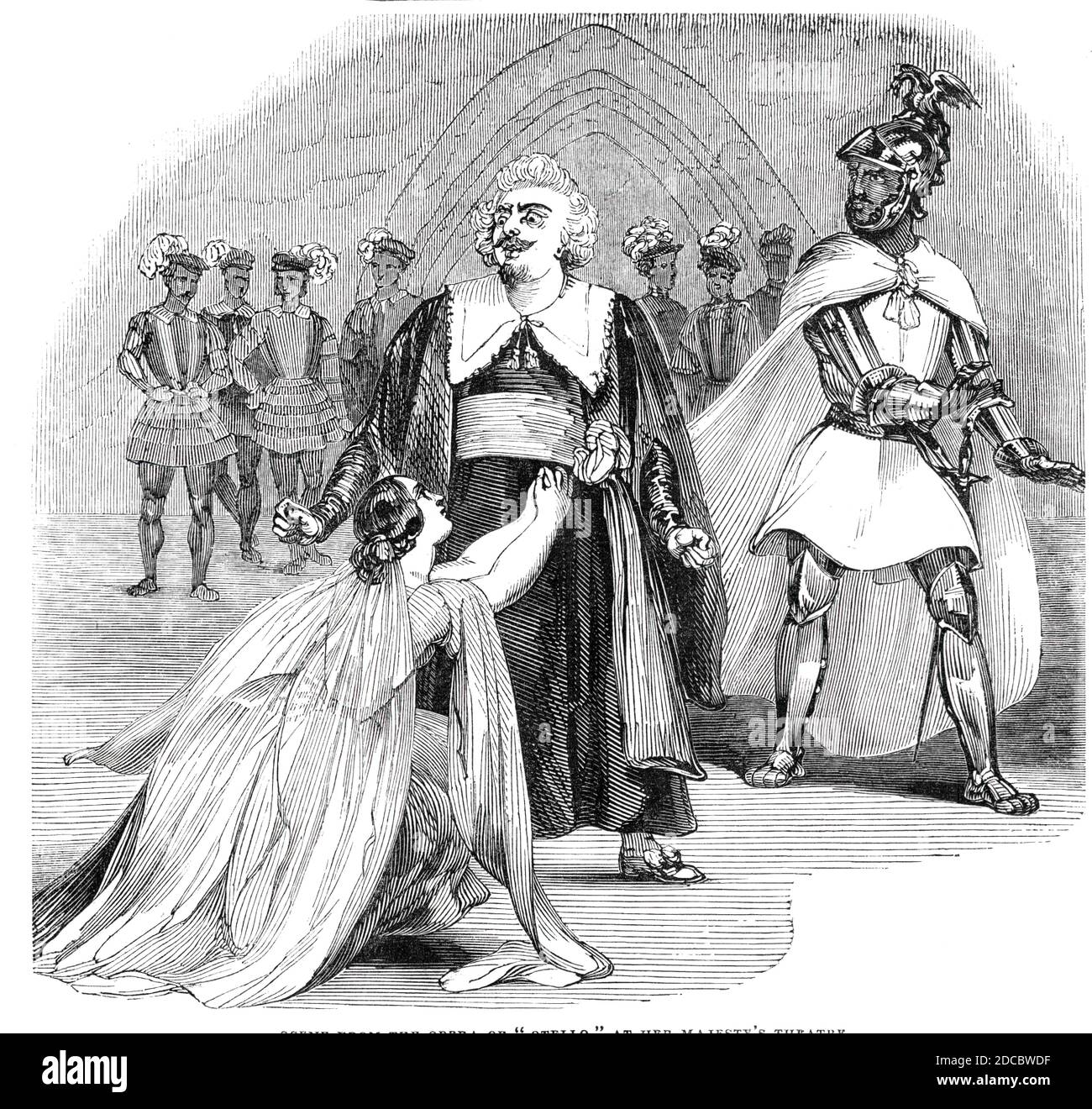 Szene aus der Oper "Otello" im Theater Ihrer Majestät, 1844. Szene aus einer Inszenierung von Gioachino Rossinis Oper auf der Londoner Bühne: "Der Doge (Elmiro), der seine Tochter (Desdemona) anprangert, ist vielleicht, wie von [Luigi] Lablache und [Giulia] Grisi behandelt, die schönste lyrisch-tragische Passage auf der Oper oder gar jeder anderen Bühne. Die Niederwerfung von Grisi vor dem Blitzschlag von Lablaches Missgunst ist wirklich schrecklich...Mario als Moor dient aber als Zubehör zum Bild: Er kann sich in keiner großen Prominenz gegen die anderen mächtigen Porträts abheben. Garcia war die Stockfoto