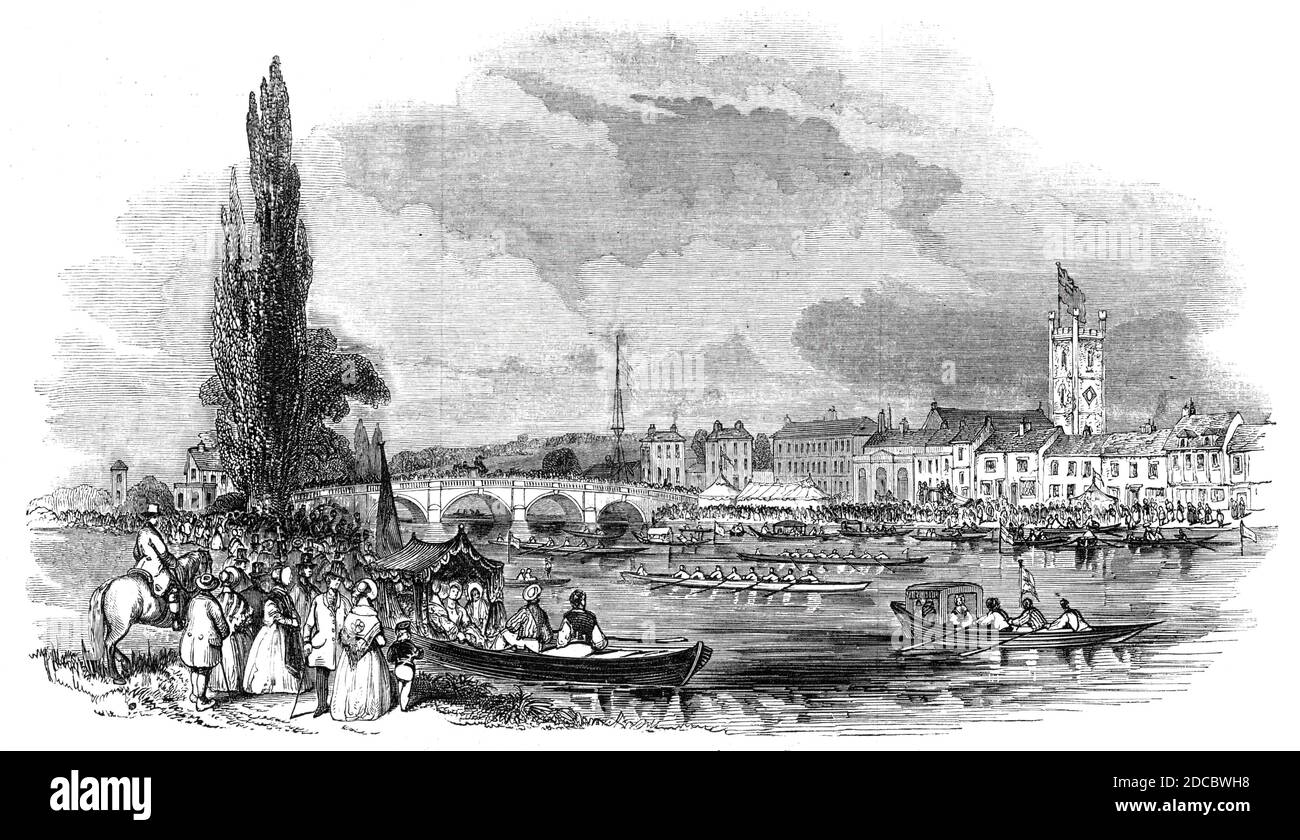 Henley Regatta, Acht-Ruder-Spiel, 1844. Ruderrennen auf der Themse in Oxfordshire. "The Diamond Sculls", und die anderen Skullerwettbewerbe waren, als Ermutigung zum Rudern, offen für alle Klassen innerhalb von fünf Meilen von Henley, die Auszeichnung des Sieges war ein Mantel und Silber Abzeichen. Diese, mit dem vieroared Rennen für den Silver Challenge Cup, bildeten die Vergnügungen des Tages". Aus "Illustrated London News", 1844, Vol Stockfoto