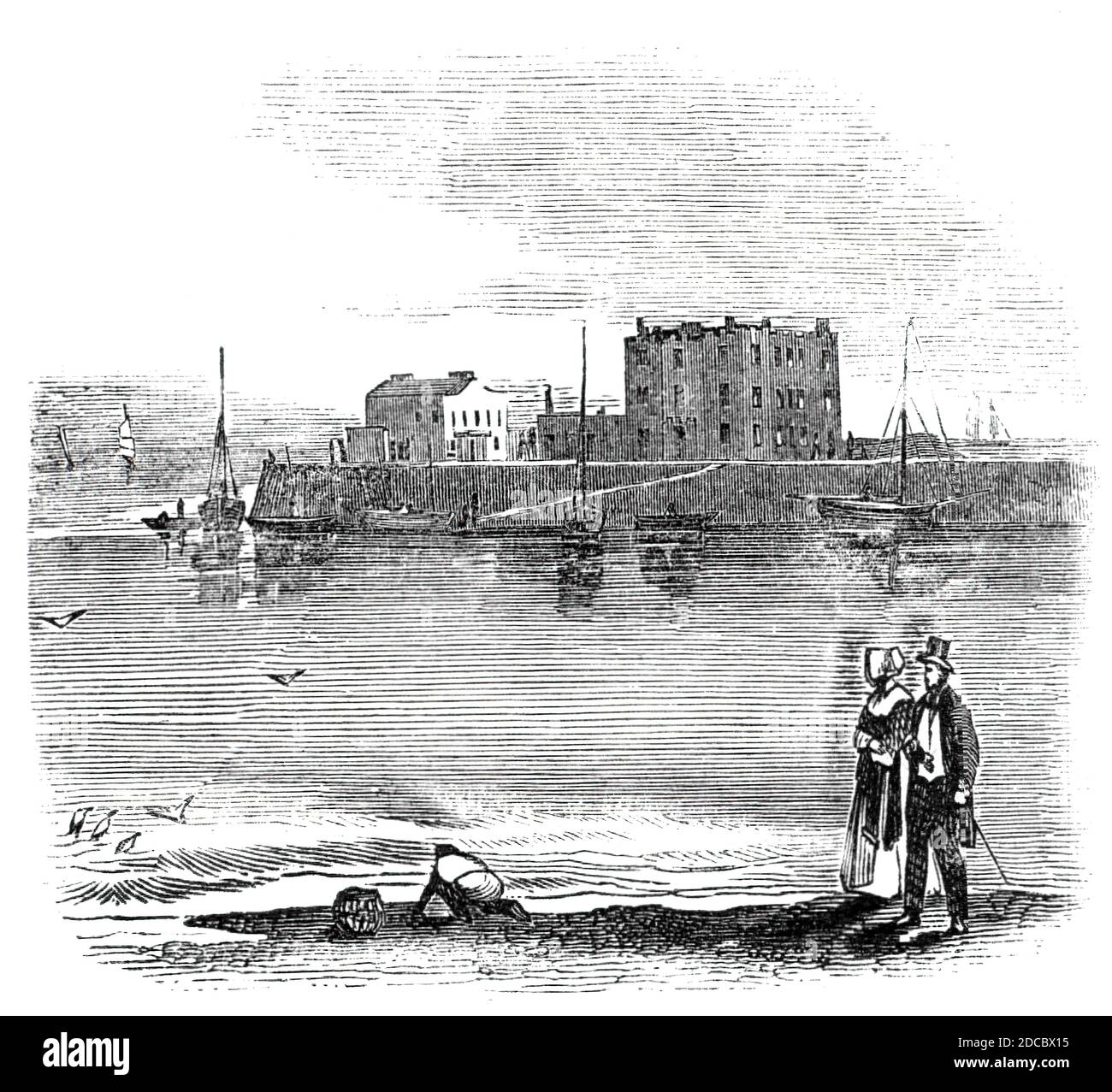 Knightstone Baths, Weston-super-Mare, 1844. 'Weston-super-Mare ist, was man als Eisenbahn-Bewässerung-Ort: Es liegt an der Great Western-Linie, etwa zwanzig Meilen von Clifton, und hat einen feinen Strand, drei Meilen in der Länge. Mehrere Villen und andere Gebäude sind in Arbeit; und in der unmittelbaren Nähe der Stadt, Plantagen von 400 Hektar wurden geschmackvoll in Wanderungen, Fahrten, & amp; c. Von seiner wunderschönen Lage und seiner Nähe nach Cheltenham, Bath und Clifton, bietet Weston-super-Mare fair zu einem sehr beliebten Resort zu werden." Aus „Illustrated London News“, 1844, Stockfoto