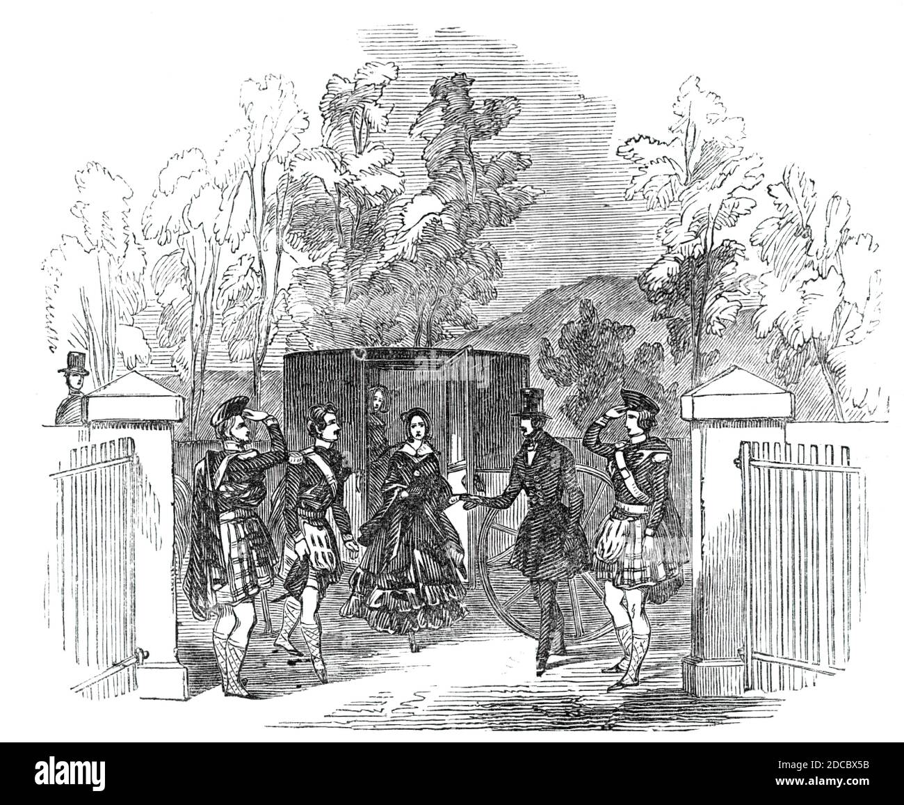 Ihre Majestät und Prinz Albert beim Anstehen in der Blair Athol Kirche, 1844. Queen Victoria und der Prince Consort besuchen die schottischen Highlands. Aus "Illustrated London News", 1844, Vol Stockfoto