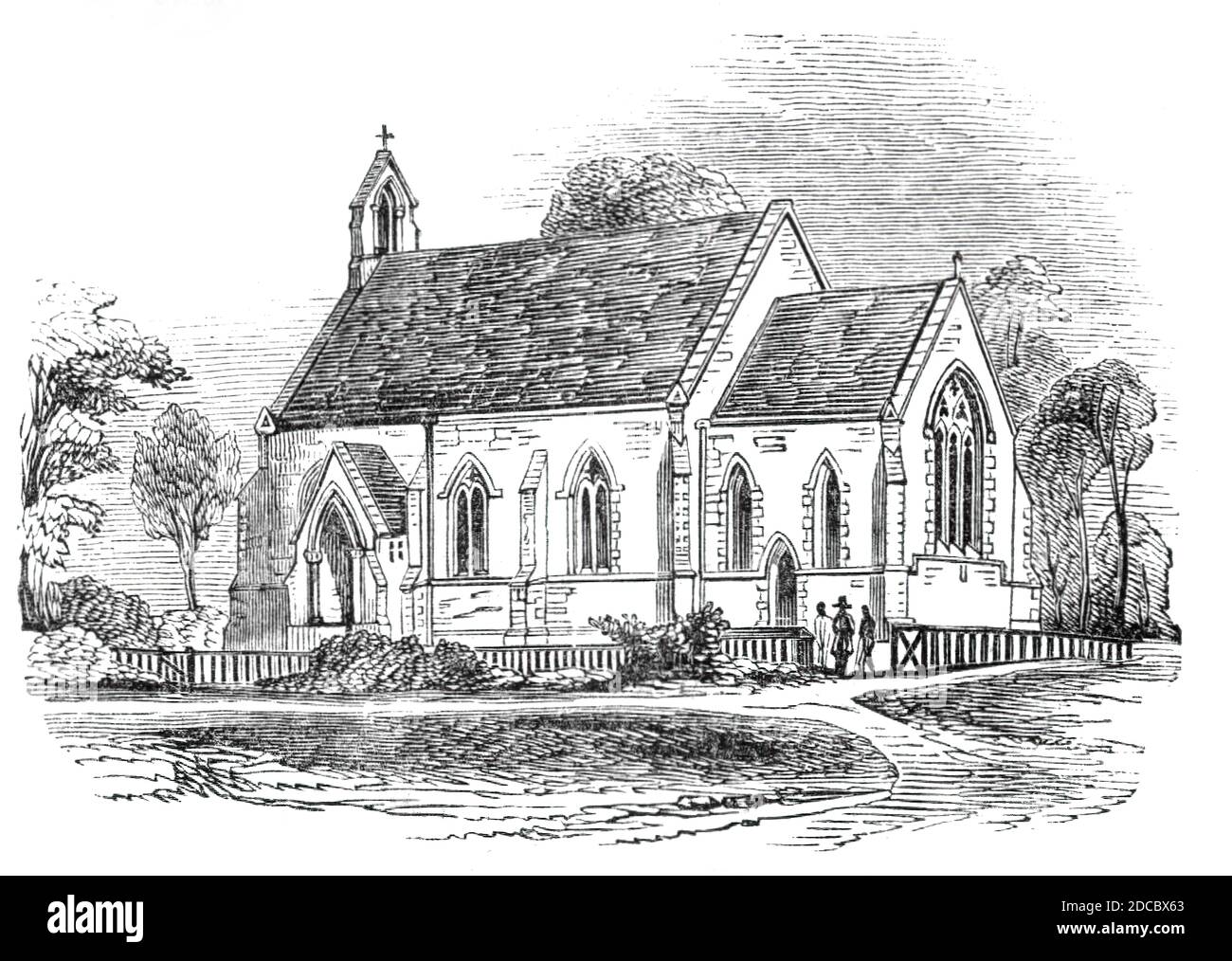 Tottenham New Church, Wood Green, 1844. Kirche gebaut c1844 im heutigen Norden Londons. "Für einige Zeit war es in Betracht gezogen worden, Vorsorge für das geistige von Holz-grün zu machen; aber die Ressourcen des Weilers waren offenbar nicht gleich den Kosten für den Bau einer Kirche. Ein Appell wurde jedoch an die Gemeinde im Allgemeinen: Beiträge flossen in, viele von ihnen anonym, und diese, unterstützt durch ein Stipendium der Incorporated Society, hat es dem Ausschuss ermöglicht, die Kosten der Kirche zu erfüllen ... ". Die Architekten waren Scott und Moffat. Aus "Illustrated London News", 1844, Vol Stockfoto