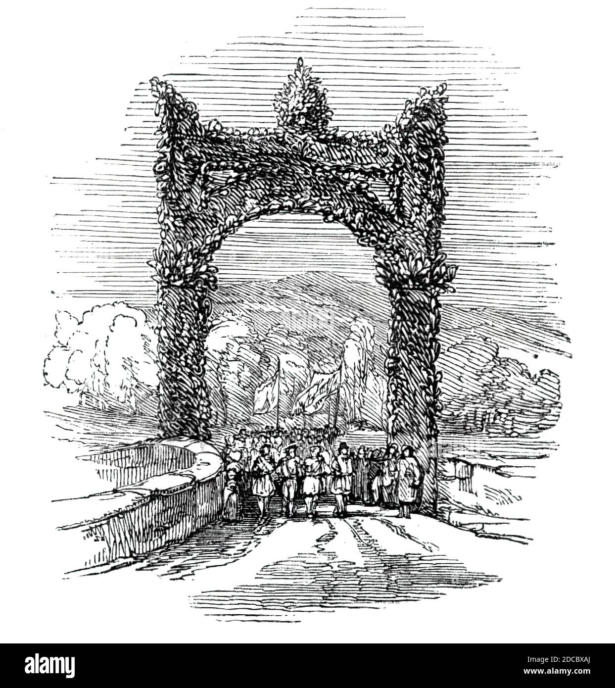 Bogen auf dem alten Brig von Doon, 1844. Blumenbogen auf der alten Brücke über den Fluss Doon in Ayr in Schottland, Teil des Festivals zu Ehren des schottischen Dichters Robert Burns. Aus "Illustrated London News", 1844, Vol Stockfoto