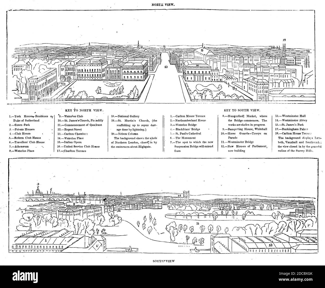 Colosseum Print - Nord- und Südansicht, 1844. Panorama of London, eine Serie aus Daguerreotypen von Antoine Claudet, gezeichnet von Henry Anelay und gestochen von Ebenezer Landells. Die Daguerreotypien wurden von der Spitze der York Column aufgenommen: "Das Bild war nicht ein komplettes Ganzes, wie es jetzt auf dem Papier erscheint, sondern wurde auf eine sehr große Anzahl kleiner Silberplatten aufgeteilt. Diese mussten kopiert und angeordnet werden, jedes in seiner genauen Position, alle kleinen Mängel in der Natur gefüllt. Diese Arbeit erforderte einen talentierten Künstler, und besetzt an der Spitze der Spalte während viele d Stockfoto