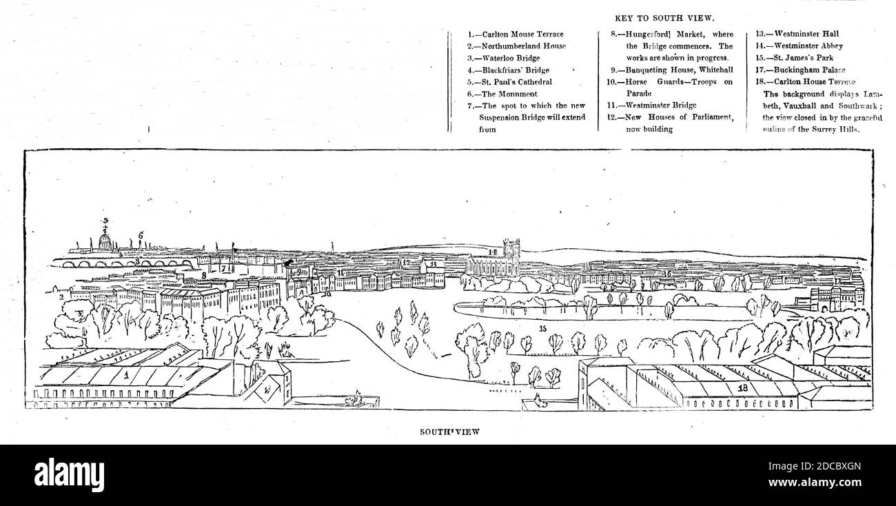 Colosseum Print - Südseite, 1844. Panorama of London, eine Serie aus Daguerreotypen von Antoine Claudet, gezeichnet von Henry Anelay und gestochen von Ebenezer Landells. Die Daguerreotypien wurden von der Spitze der York Column aufgenommen: "Das Bild war nicht ein komplettes Ganzes, wie es jetzt auf dem Papier erscheint, sondern wurde auf eine sehr große Anzahl kleiner Silberplatten aufgeteilt. Diese mussten kopiert und angeordnet werden, jedes in seiner genauen Position, alle kleinen Mängel in der Natur gefüllt. Diese Arbeit erforderte einen talentierten Künstler, und besetzt an der Spitze der Säule während vieler Tage, die pe Stockfoto