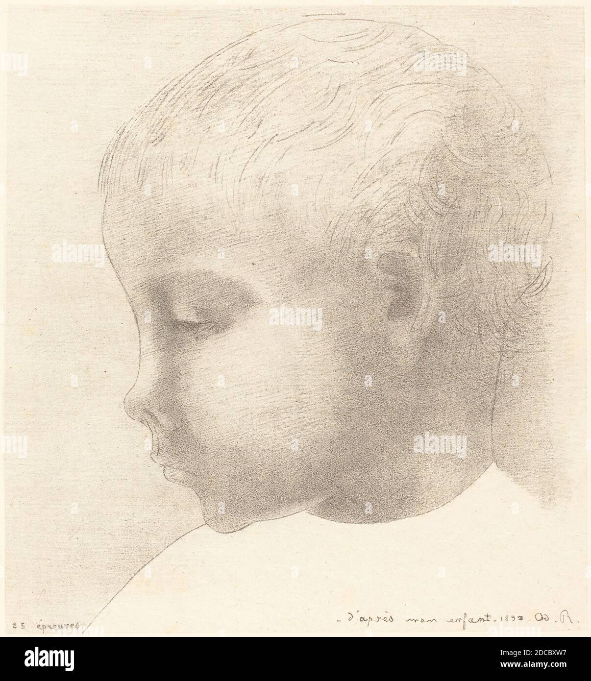 Odilon Redon, (Künstler), französisch, 1840 - 1916, Mon Enfant (Mein Kind), 1892, Lithographie in schwarz auf chinesischem Papier Stockfoto