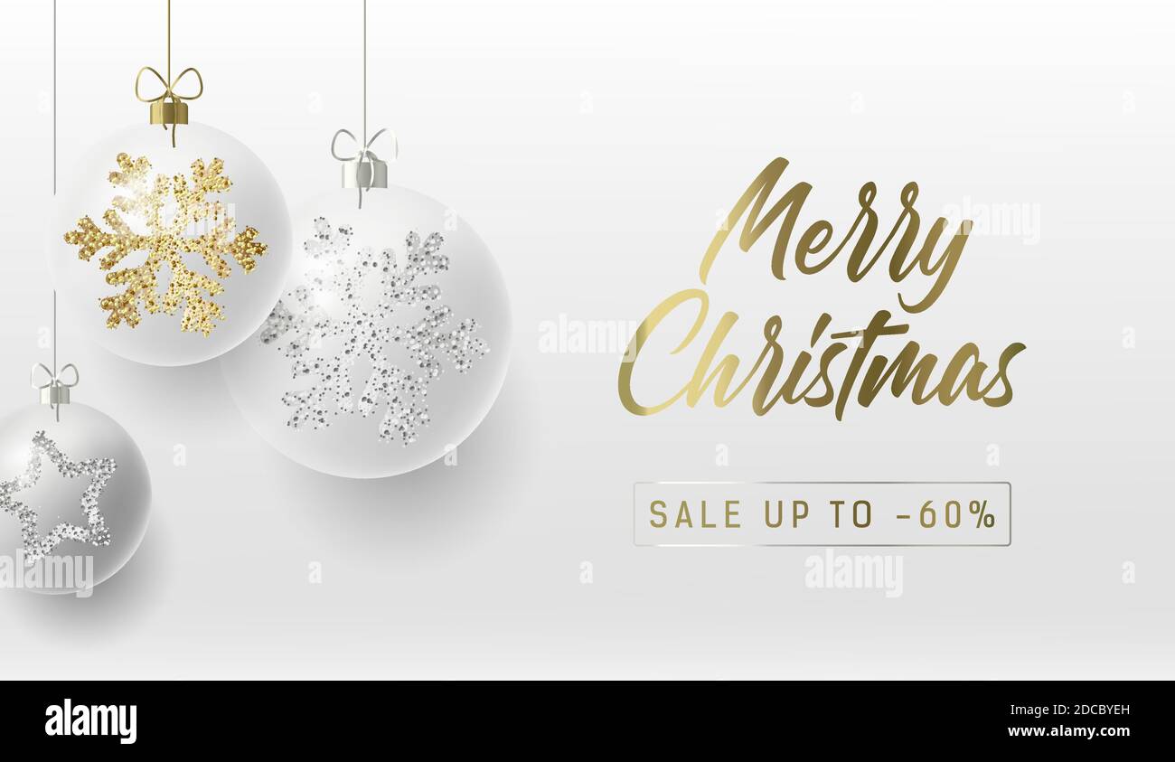Frohe Weihnachten Grußkarte oder Promo-Poster mit weißen realistisch Weihnachtskugeln mit goldenen und silbernen Schneeflocken Ornament funkeln auf Sie Stock Vektor