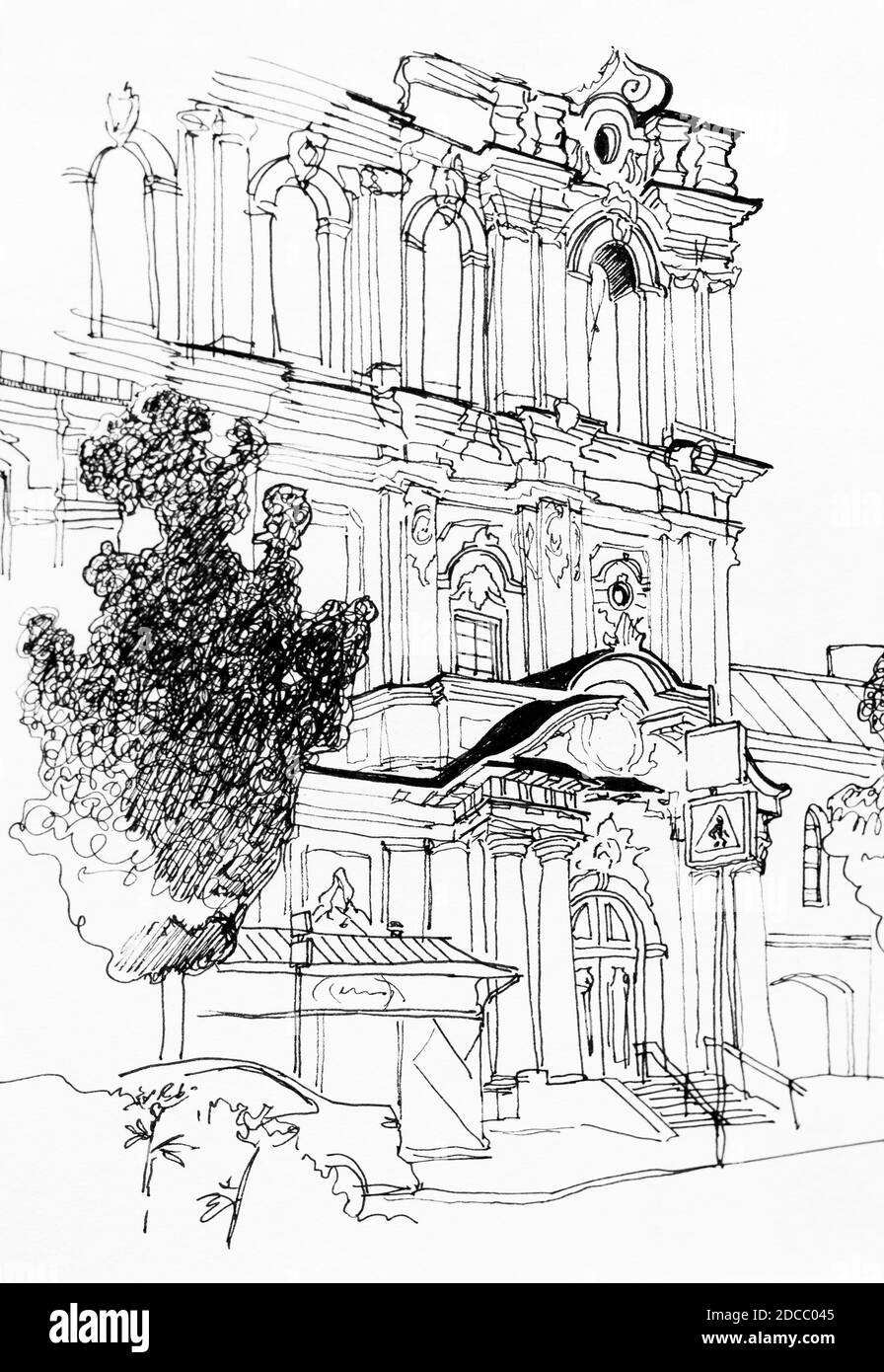 Außenansicht der Dominikanerkirche des Heiligen Geistes, Vilnius Handgezeichnete Skizzendarstellung Stockfoto