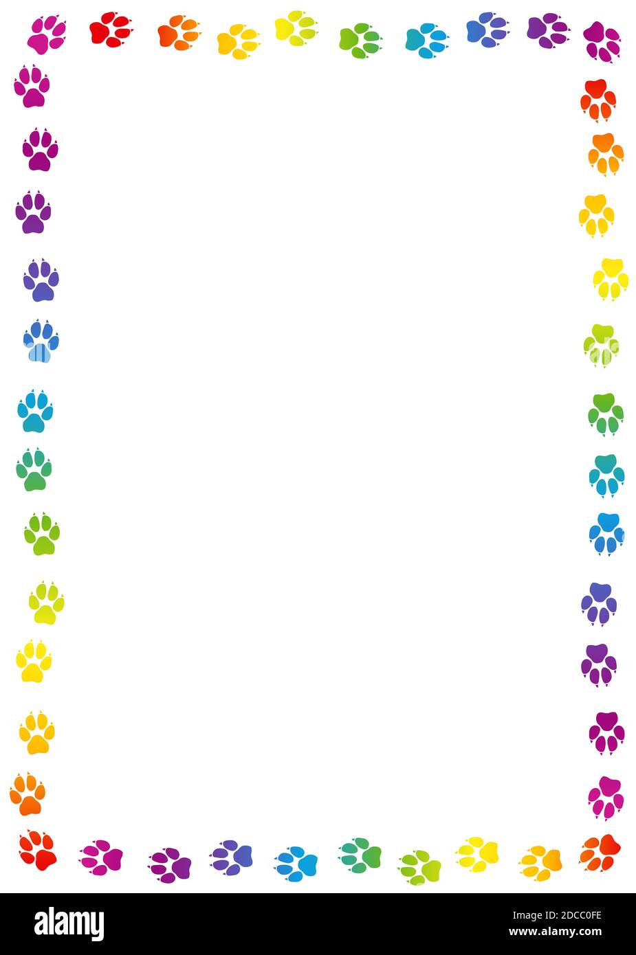 Rahmen mit Hunde-Pfote. Regenbogenfarbene Hundespur, bunte Fußabdrücke - Illustration auf weißem Hintergrund. Stockfoto