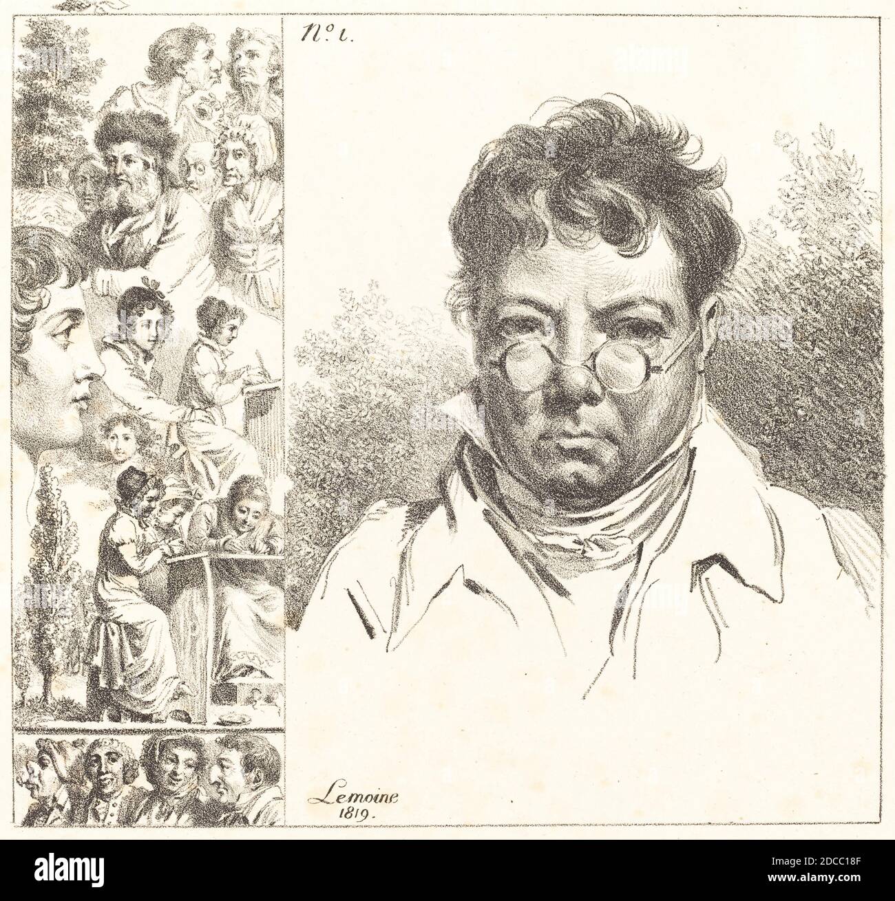 Jacques Antoine Marie Lemoine, (Künstler), Französisch, 1751 - 1824, Selbstporträt und andere Köpfe, 1819, Lithographie, Bild: 18.7 x 20 cm (7 3/8 x 7 7/8 Zoll), Blatt: 21.9 x 23.4 cm (8 5/8 x 9 3/16 Zoll Stockfoto