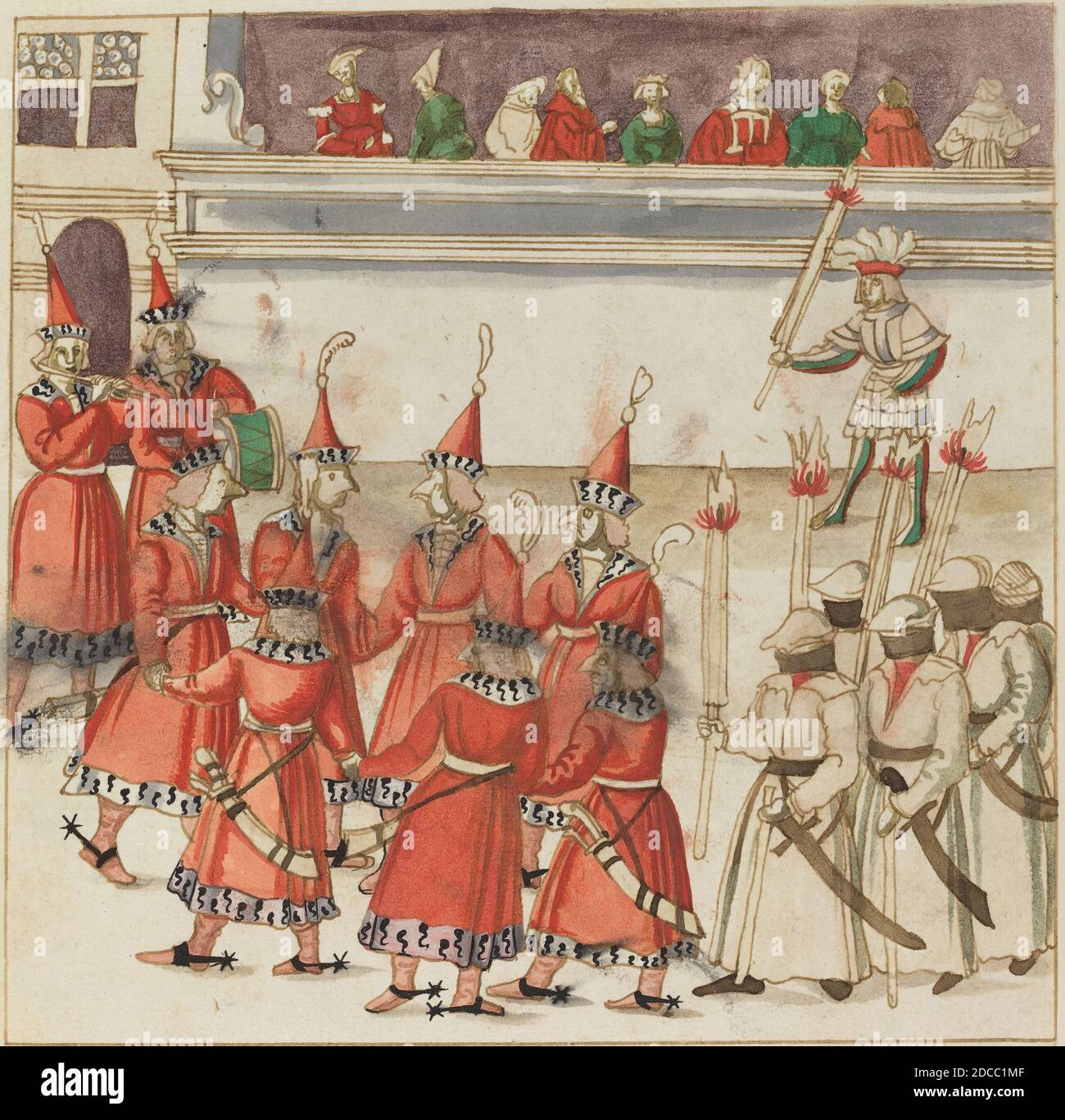 Deutsch 16. Jahrhundert, (Künstler), Sieben Männer in Rot versammelt in einem Kreis, Freydal, (Serie), c. 1515, Stift und braune Tinte mit Aquarell auf Papier, Bild: 23 cm (9 1/16 Zoll), Blatt: 34 x 26.3 cm (13 3/8 x 10 3/8 Zoll Stockfoto