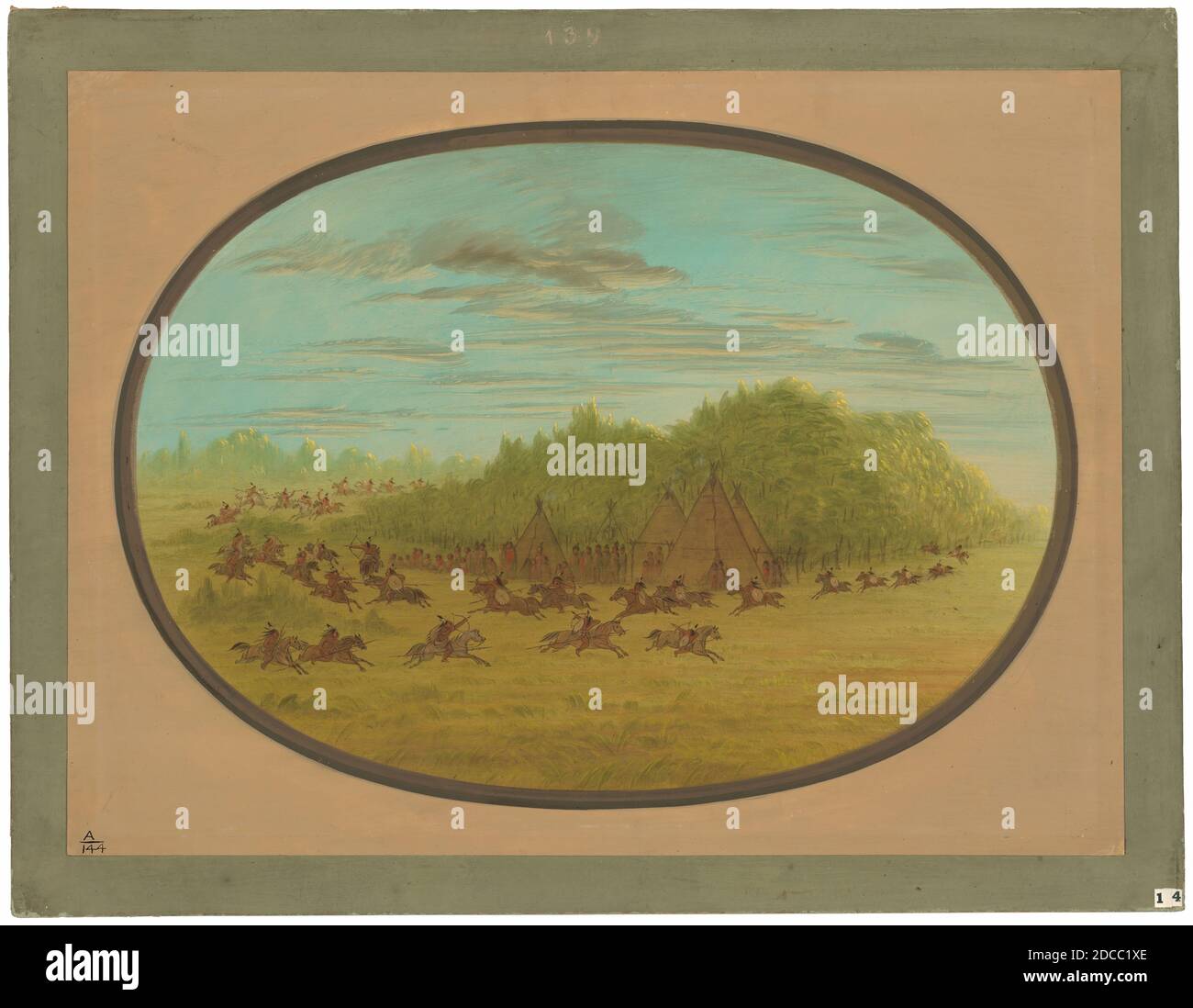 George Catlin, (Künstler), Amerikaner, 1796 - 1872, Sham Fight of the Camanchees, 1861/1869, Öl auf Karton, insgesamt: 47.3 x 63.8 cm (18 5/8 x 25 1/8 Zoll Stockfoto