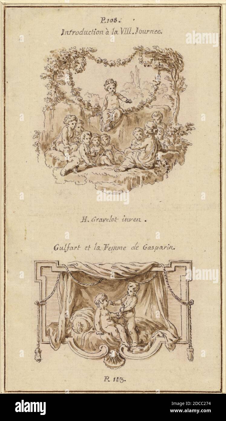 Hubert François Gravelot, (Künstler), Französisch, 1699 - 1773, Nine Children Listening to a Girl Tell a Story; A Boy Handing a Purse to a Girl Seated on a Bed, Vorzeichnungen zu Boccaccios 'Decomerone': vol.3, 21, (Serie), c. 1757, Stift und graue Tinte mit brauner Wäsche auf gedeckten Papier, gelegt, insgesamt (bis zur äußeren Rahmenlinie): 14.3 x 8.1 cm (5 5/8 x 3 3/16 Zoll Stockfoto