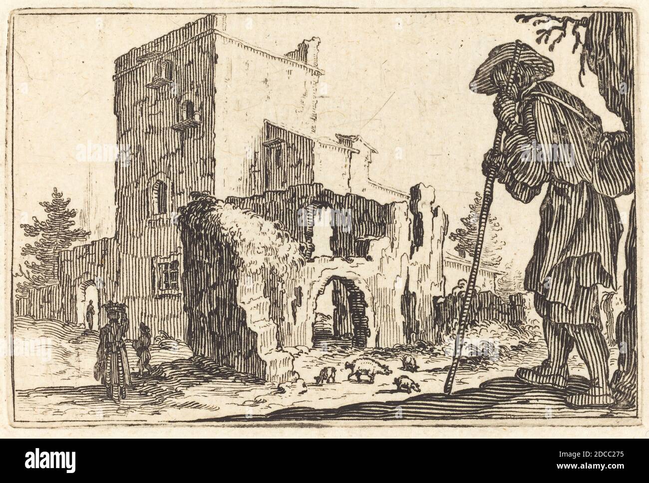 Jacques Callot, (Künstler), Französisch, 1592 - 1635, Shepherd and Ruins, Capricci (Nancy-Serie), (Serie), c. 1622, Ätzen Stockfoto