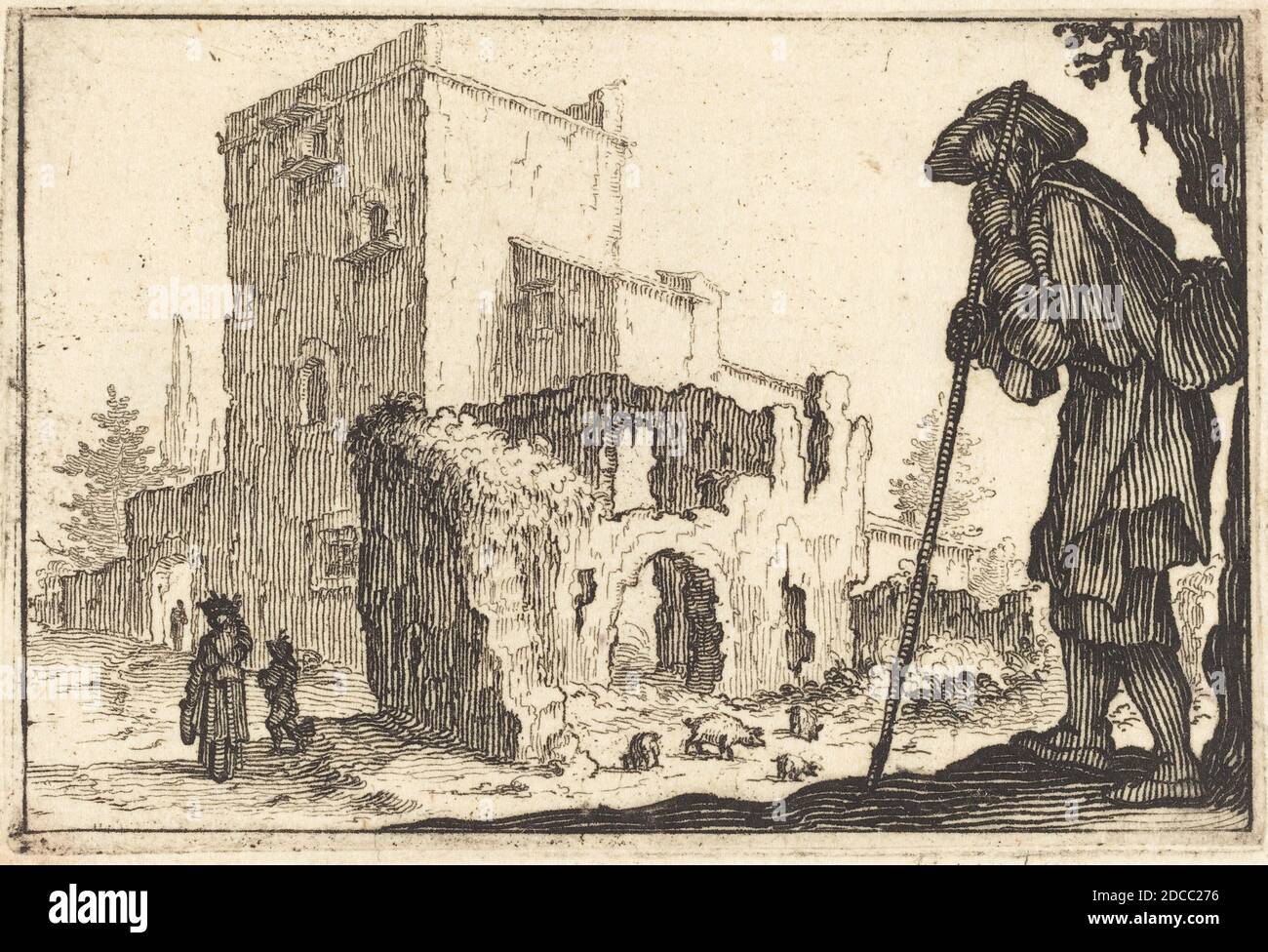 Jacques Callot, (Künstler), Französisch, 1592 - 1635, Shepherd und Ruinen, Capricci (Florenz-Serie), (Serie), c. 1617, Ätzen Stockfoto