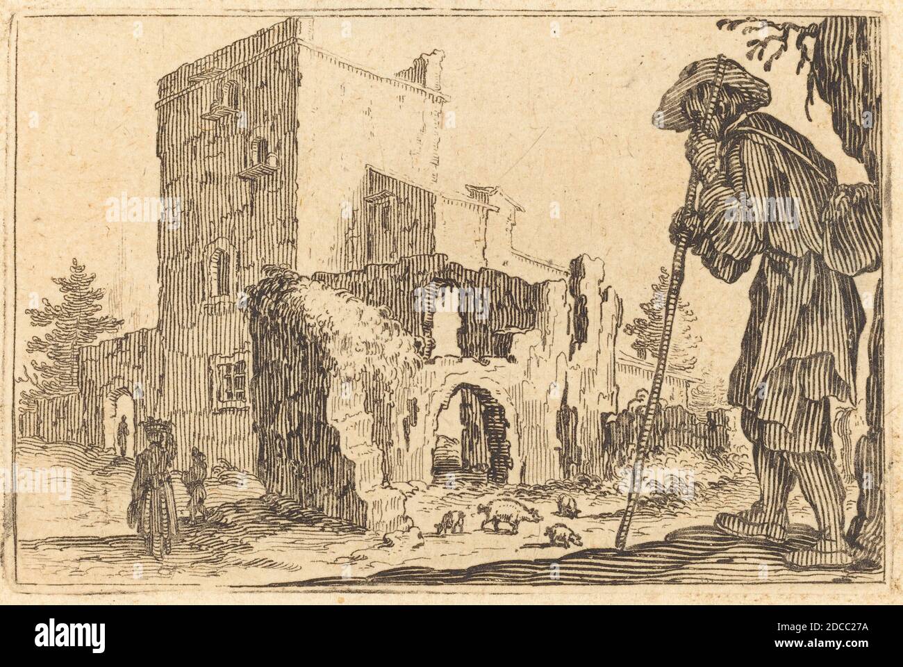 Jacques Callot, (Künstler), Französisch, 1592 - 1635, Shepherd and Ruins, Capricci (Nancy-Serie), (Serie), c. 1622, Ätzen Stockfoto