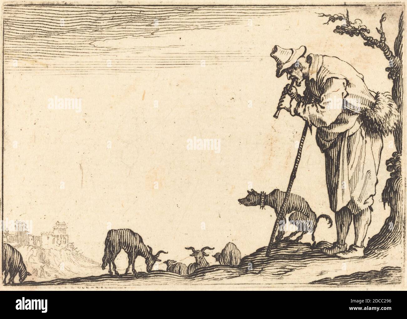 Jacques Callot, (Künstler), Französisch, 1592 - 1635, Shepherd spielt Flöte, Capricci (Florenz-Serie), (Serie), c. 1617, Ätzen Stockfoto