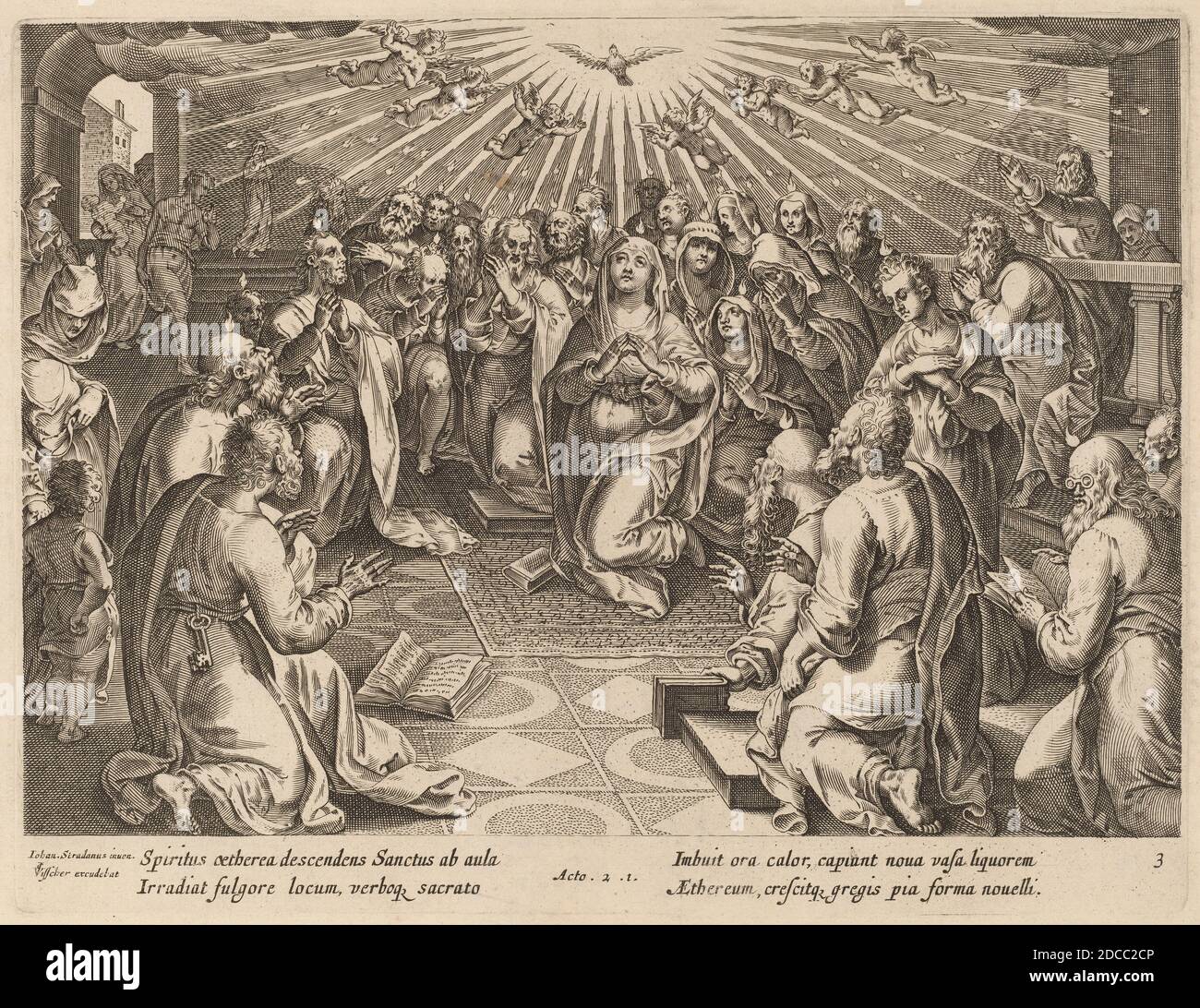 Philip Galle, (Künstler), Flämisch, 1537 - 1612, Jan van der Straet, (Künstler nach), Flämisch, 1523 - 1605, Pfingsten, Apostelgeschichte, (Serie), Gravur Stockfoto