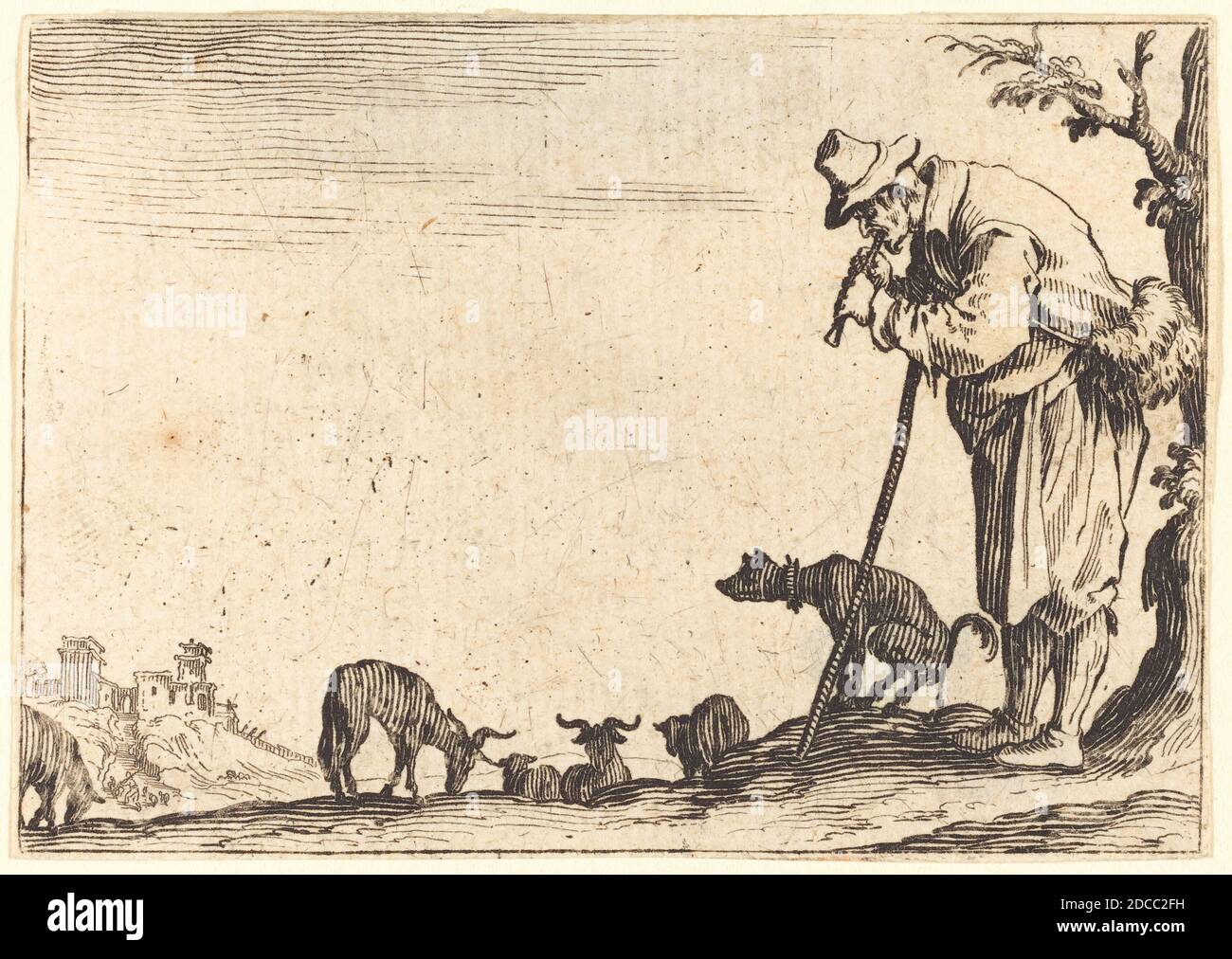 Jacques Callot, (Künstler), Französisch, 1592 - 1635, Shepherd spielt Flöte, Capricci (Nancy-Serie), (Serie), c. 1622, Ätzen Stockfoto