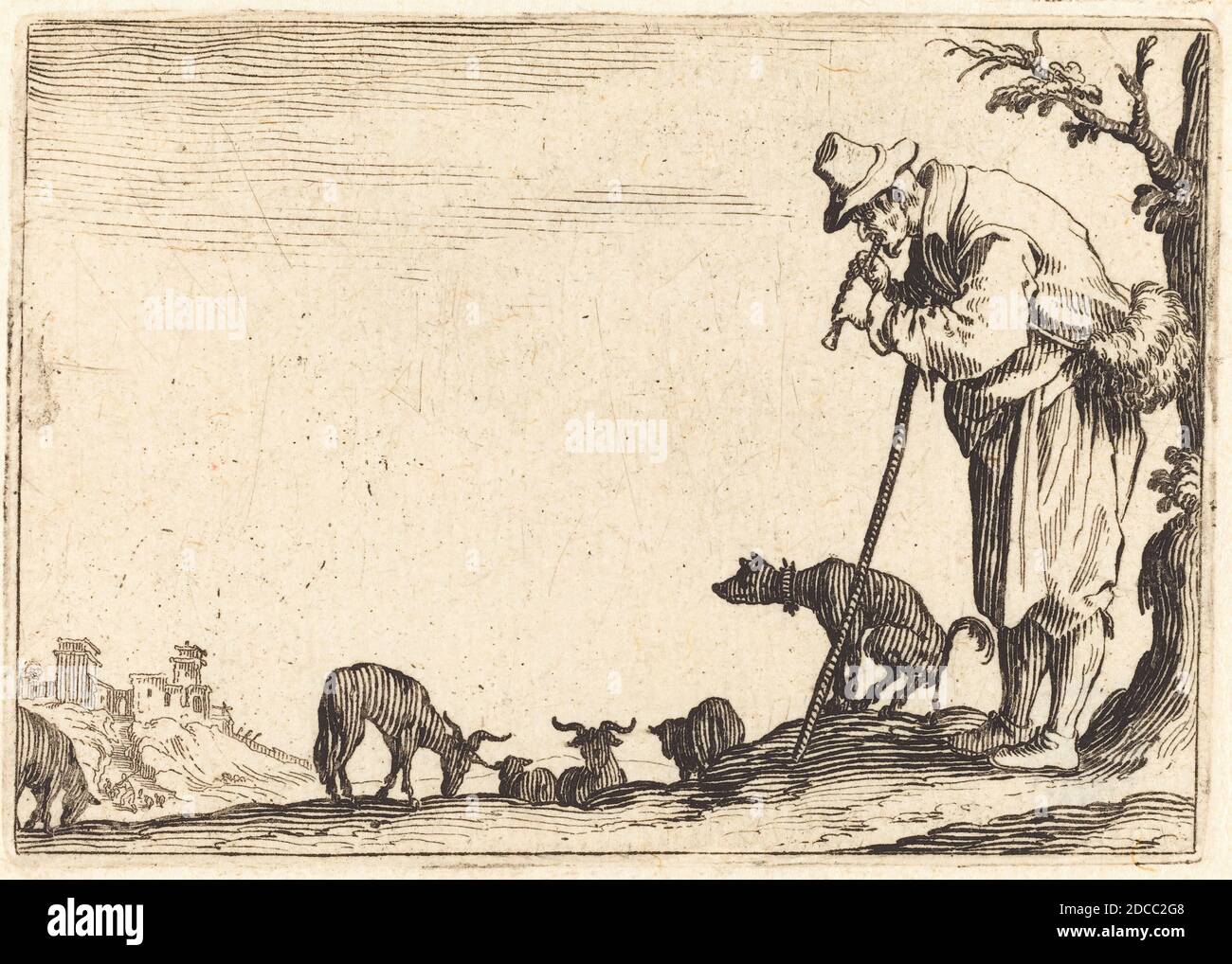 Jacques Callot, (Künstler), Französisch, 1592 - 1635, Shepherd spielt Flöte, Capricci (Nancy-Serie), (Serie), c. 1622, Ätzen Stockfoto