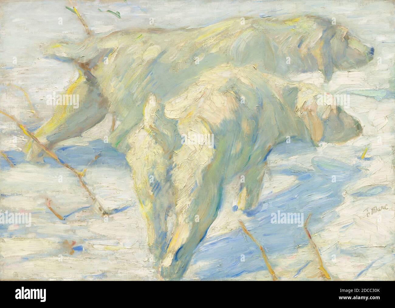 Franz Marc, (Künstler), deutsch, 1880 - 1916, Siberian Dogs in the Snow, 1909/1910, Öl auf Leinwand, insgesamt: 80.5 x 114 cm (31 11/16 x 44 7/8 Zoll), gerahmt: 97.8 x 131.4 cm (38 1/2 x 51 3/4 Zoll Stockfoto