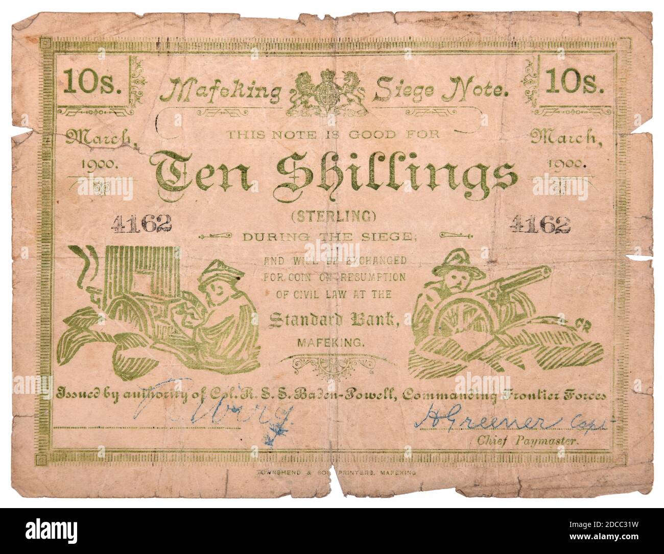 Belagerung der Mafeking zehn Schillinge Hinweis Stockfoto