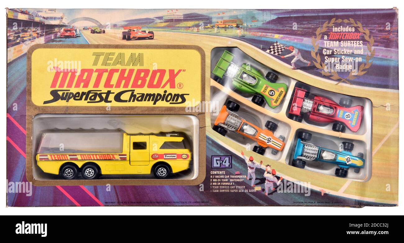 Team Matchbox Superfast Champions G-4 Rennwagen Geschenkset Stockfoto