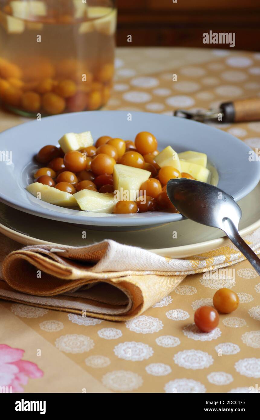 Kirschpflaume und Zucchini geschmorte Fruchtkompott Dessert auf dem Teller auf Küchentisch, Nahaufnahme, Kopierraum, hausgemachte saisonale Desserts Konzept Stockfoto