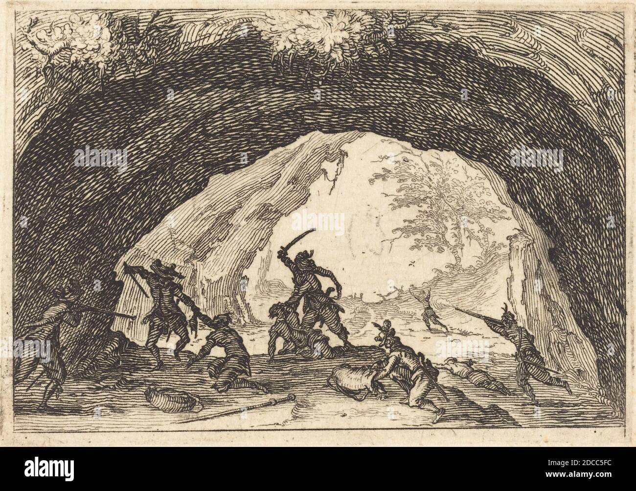 Jacques Callot, (Künstler), Französisch, 1592 - 1635, Soldaten Angriff Räuber, Capricci (Florenz-Serie), (Serie), c. 1617, Ätzen Stockfoto