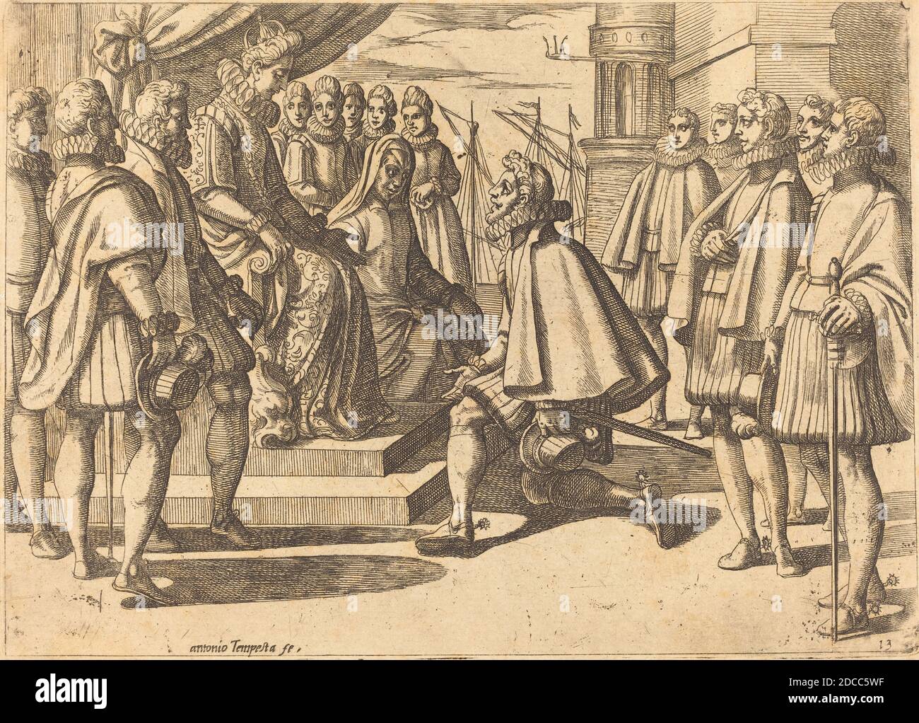 Antonio Tempesta, (Künstler), Florentine, 1555 - 1630, Spanischer Herzog vor Margarete von Österreich, das Begräbnisbuch der Königin von Spanien, (Serie), 1612, Radierung Stockfoto