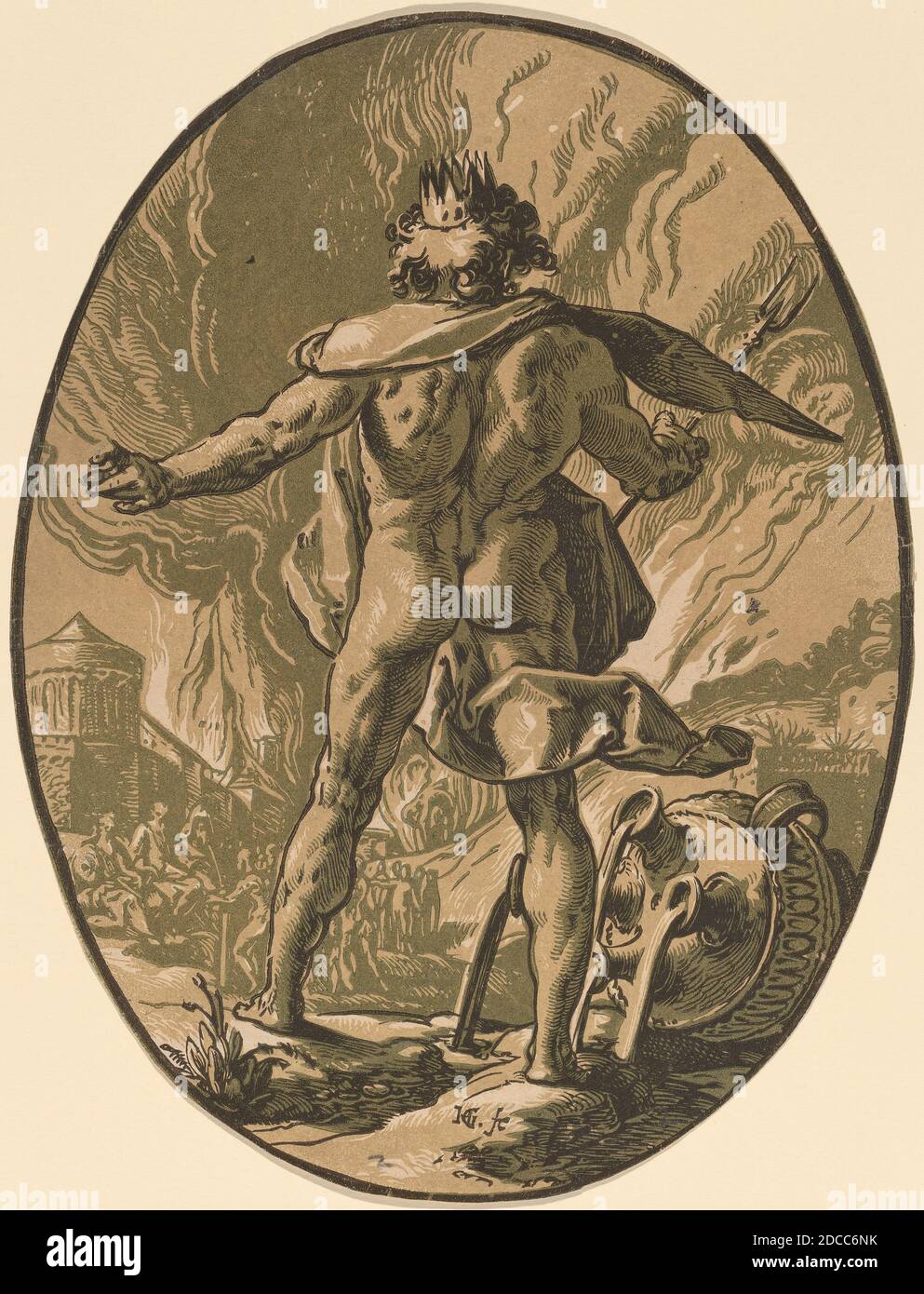 Hendrick Goltzius, (Künstler), Niederländisch, 1558 - 1617, Pluto, Götter und Göttinnen, (Serie), 1588/1590, Chiaroscuro Holzschnitt in Sepia-Ocker, grün und schwarz Stockfoto