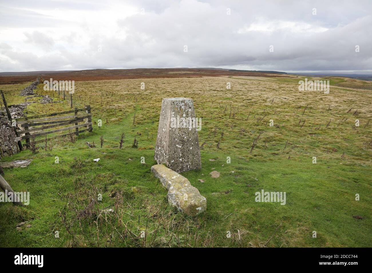 Summit Trig Point auf dem alten Rundbarren von How Tallon, Barningham Moor, Teesdale, County Durham, Großbritannien Stockfoto