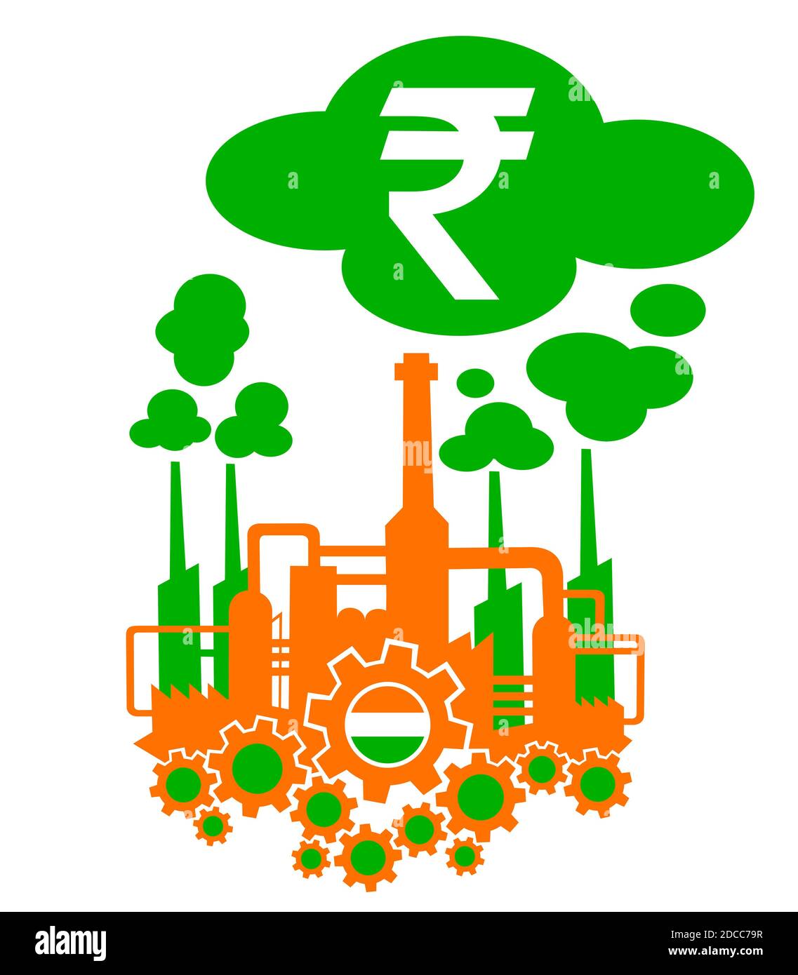 Fabrik in den Farben der Flagge Indiens als Metapher Der indischen Industrie und ihrer finanziellen Gewinn oder Krise ausgedrückt Als Einkommen der indischen Rupie Stockfoto