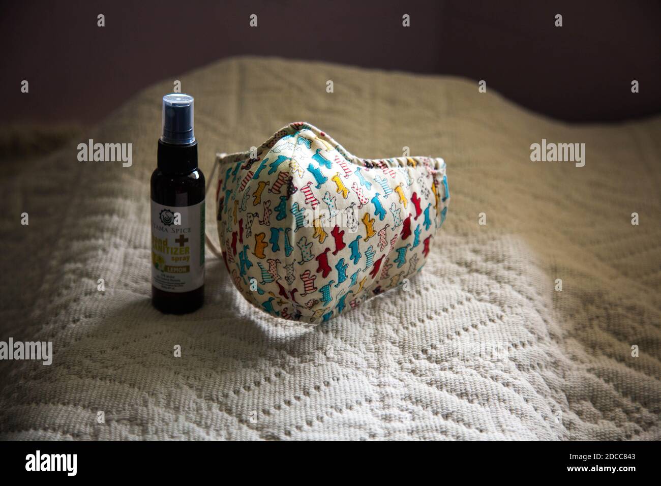 Das Wesentliche unseres täglichen Lebens - Maske & Hand Desinfektionsmittel Stockfoto