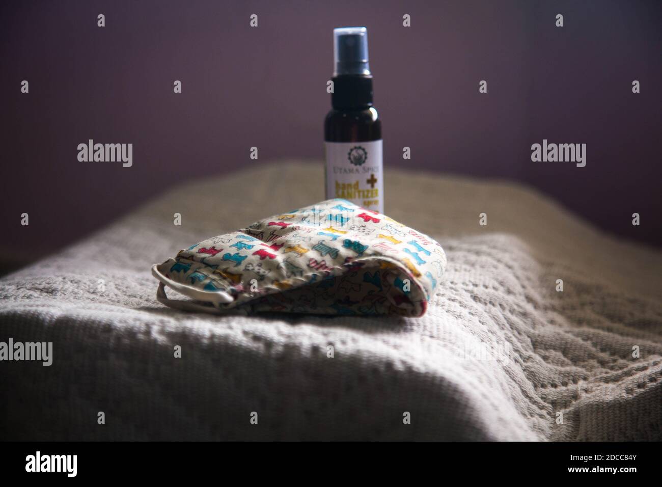 Das Wesentliche unseres täglichen Lebens - Maske & Hand Desinfektionsmittel Stockfoto