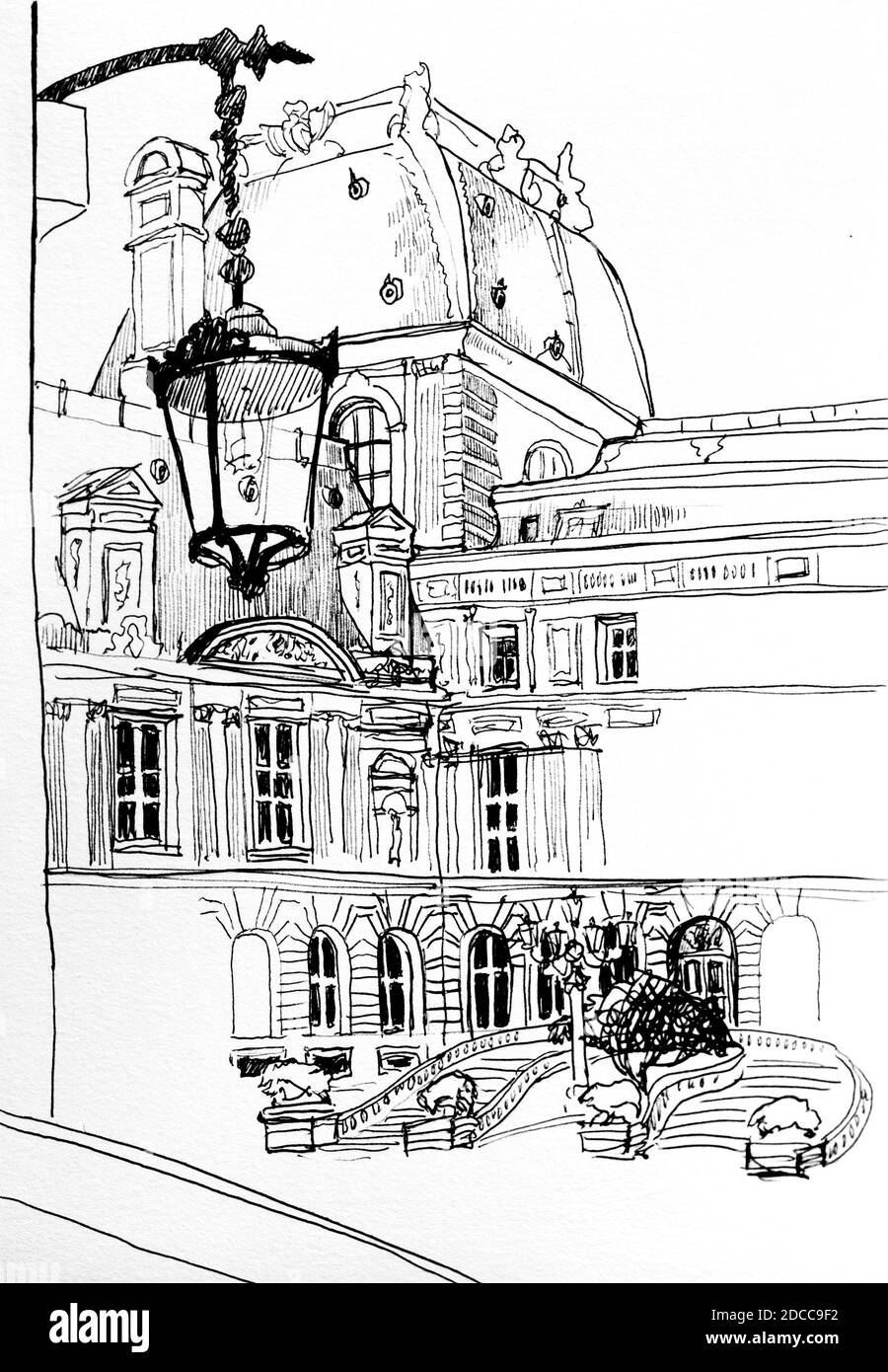 Paris Louvre Museum architektonische Skizze, Blick auf den Innenhof vom Museum Stockfoto