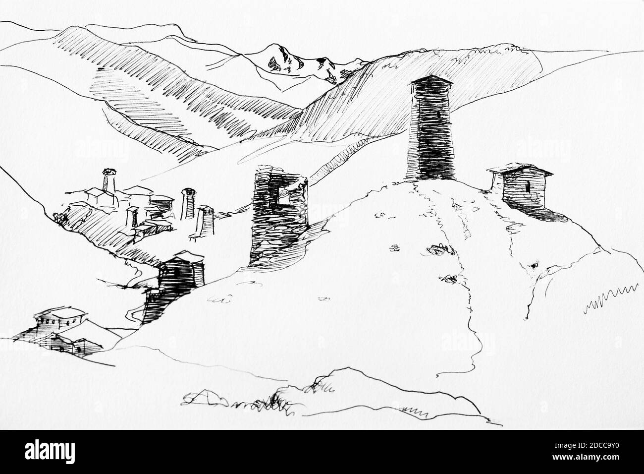 Berglandschaft in Ushguli, Svaneti, Georgien mit antiken Gebäuden Stockfoto