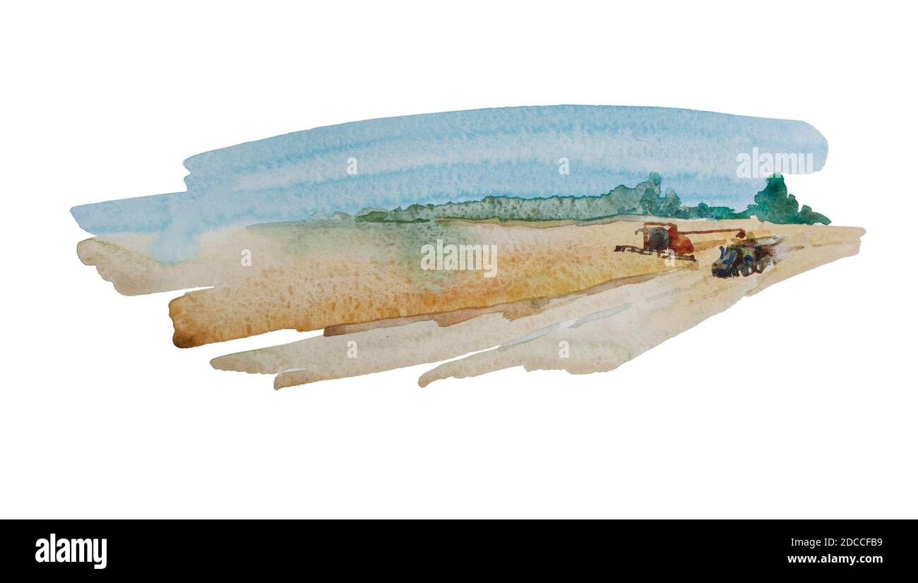 Einfache Aquarell Hintergrund mit Ernte von Weizenfeldern mit abstrakten kombinieren und Traktor. Original Nass Aquarell Illustration isoliert auf weiß Stockfoto