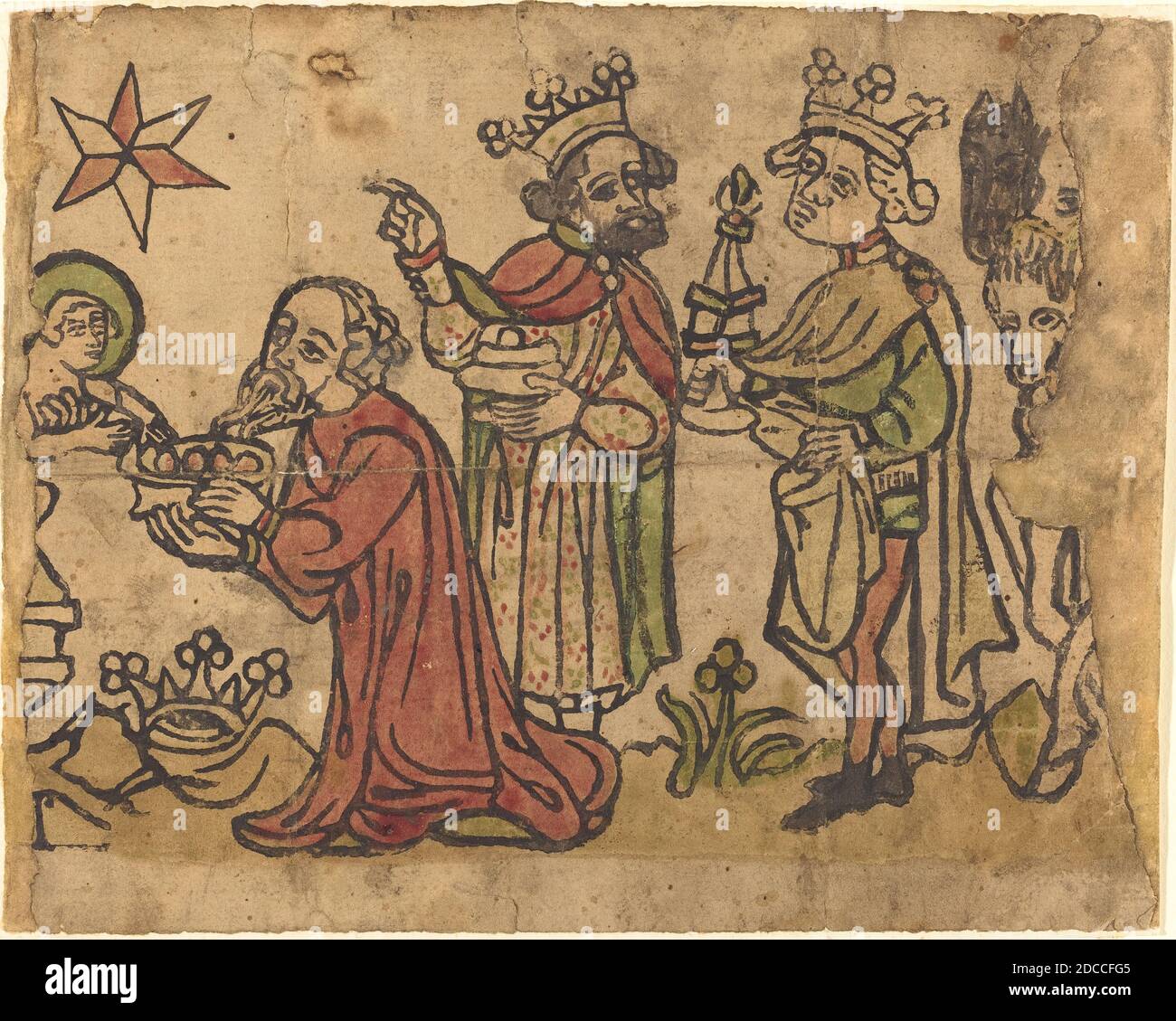 Deutsche 15. Jahrhundert, (Künstler), die Anbetung der Könige, c. 1400/1430, Holzschnitt, handfarbig in rot, grün und gelb Stockfoto