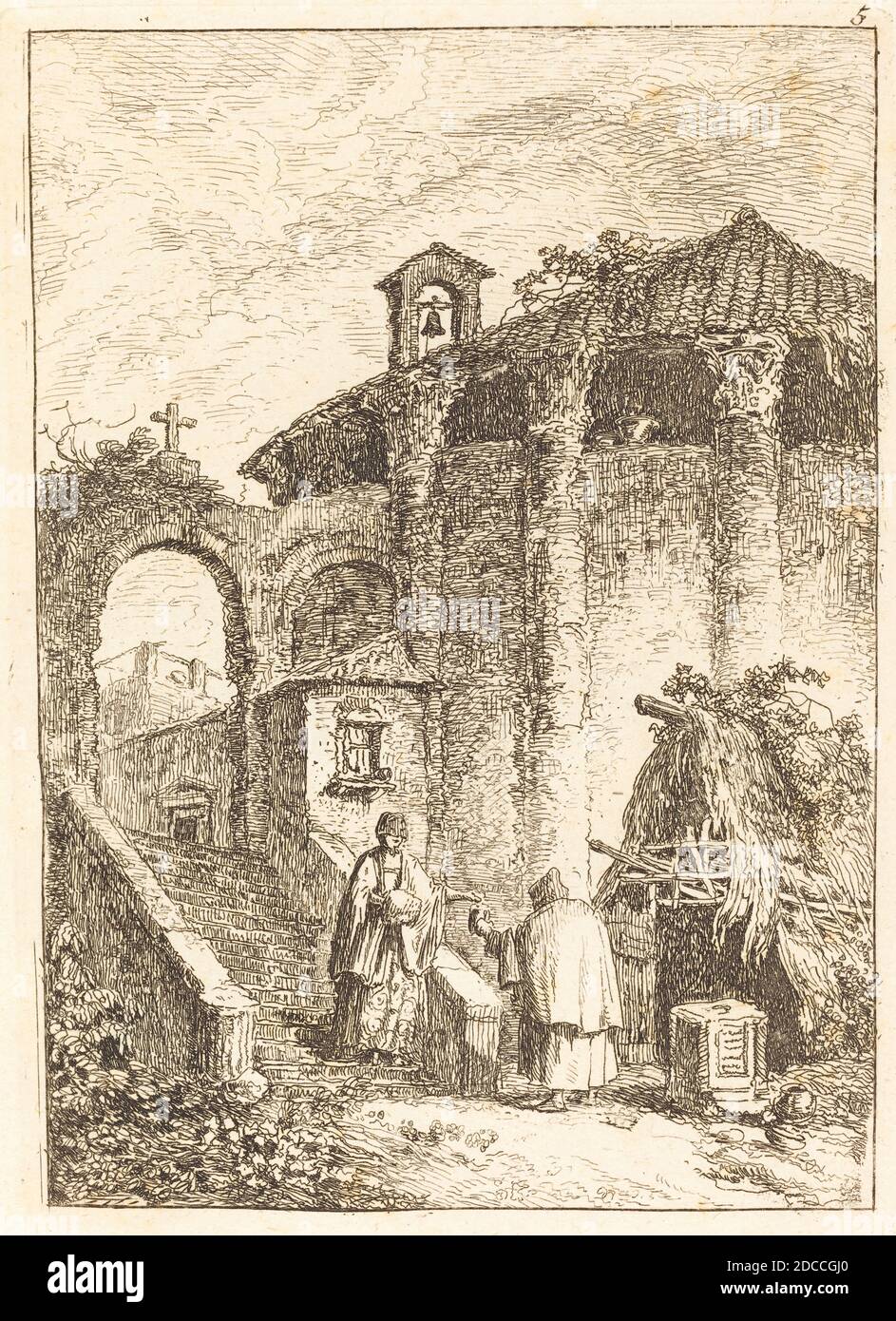 Hubert Robert, (Künstler), Französisch, 1733 - 1808, der antike Tempel, Les Soirees de Rome (Abende in Rom):pl.5, (Serie), Radierung Stockfoto