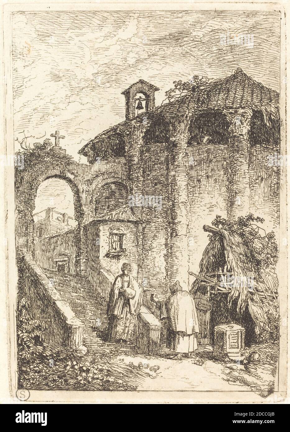 Hubert Robert, (Künstler), Französisch, 1733 - 1808, The Ancient Temple, Les Soirees de Rome (Abende in Rom): pl.5, (Serie), 1763/1764, Radierung auf Büttenpapier, Platte: 13.8 x 9.7 cm (5 7/16 x 3 13/16 Zoll), Blatt: 17.5 x 33 cm (6 7/8 x 13 Zoll Stockfoto