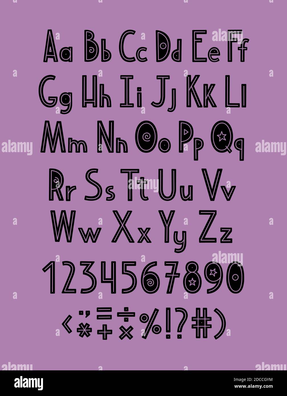 Vector Englisch Alphabet. Lateinisches Alphabet im Cartoon-Stil. Silhouetten von Buchstaben, Zahlen und Satzzeichen Stock Vektor
