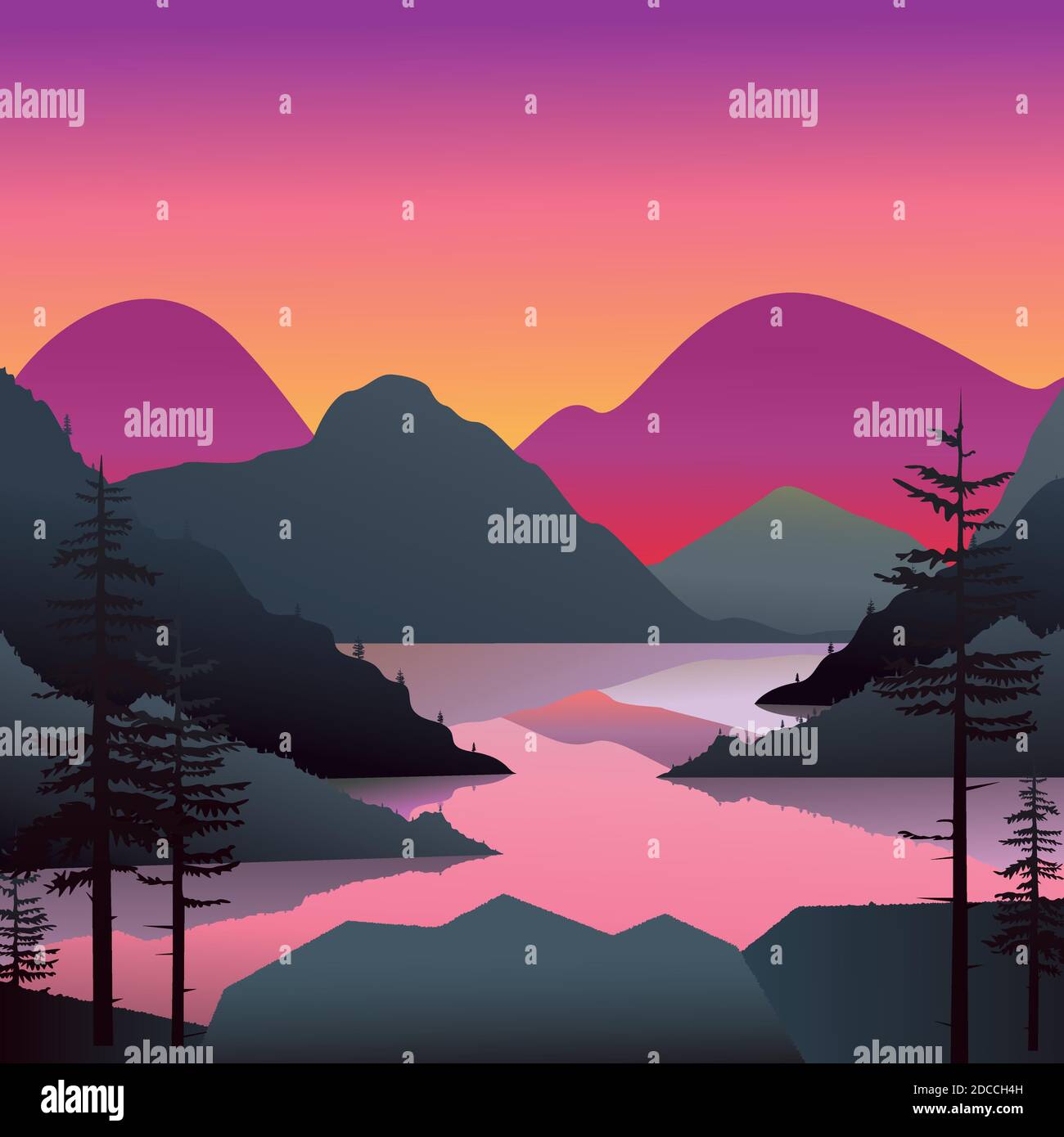 Illustration der Berg- und Seenlandschaft mit Tannenbaum-Silhouetten. Sonnenuntergang in den Bergen Stock Vektor