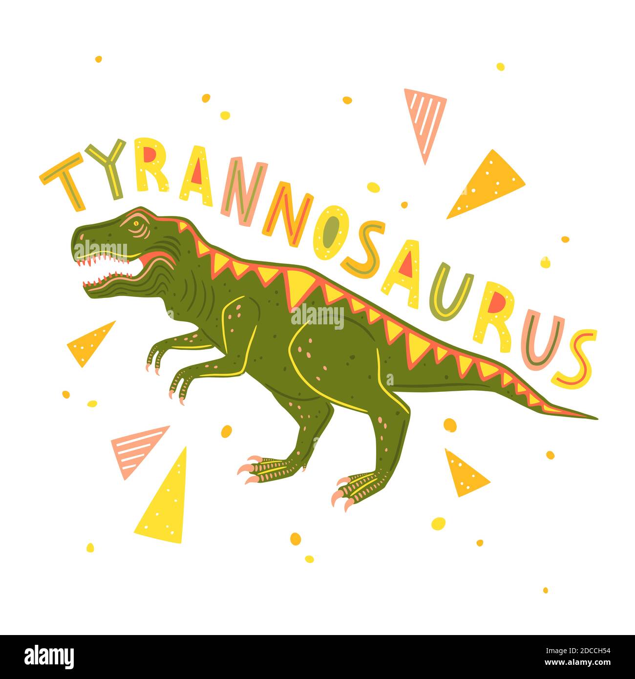 Vektor Tyrannosaur Rex isoliert auf weißem Hintergrund. Vektorgrafik mit Schriftzug und bunten geometrischen Elementen Stock Vektor